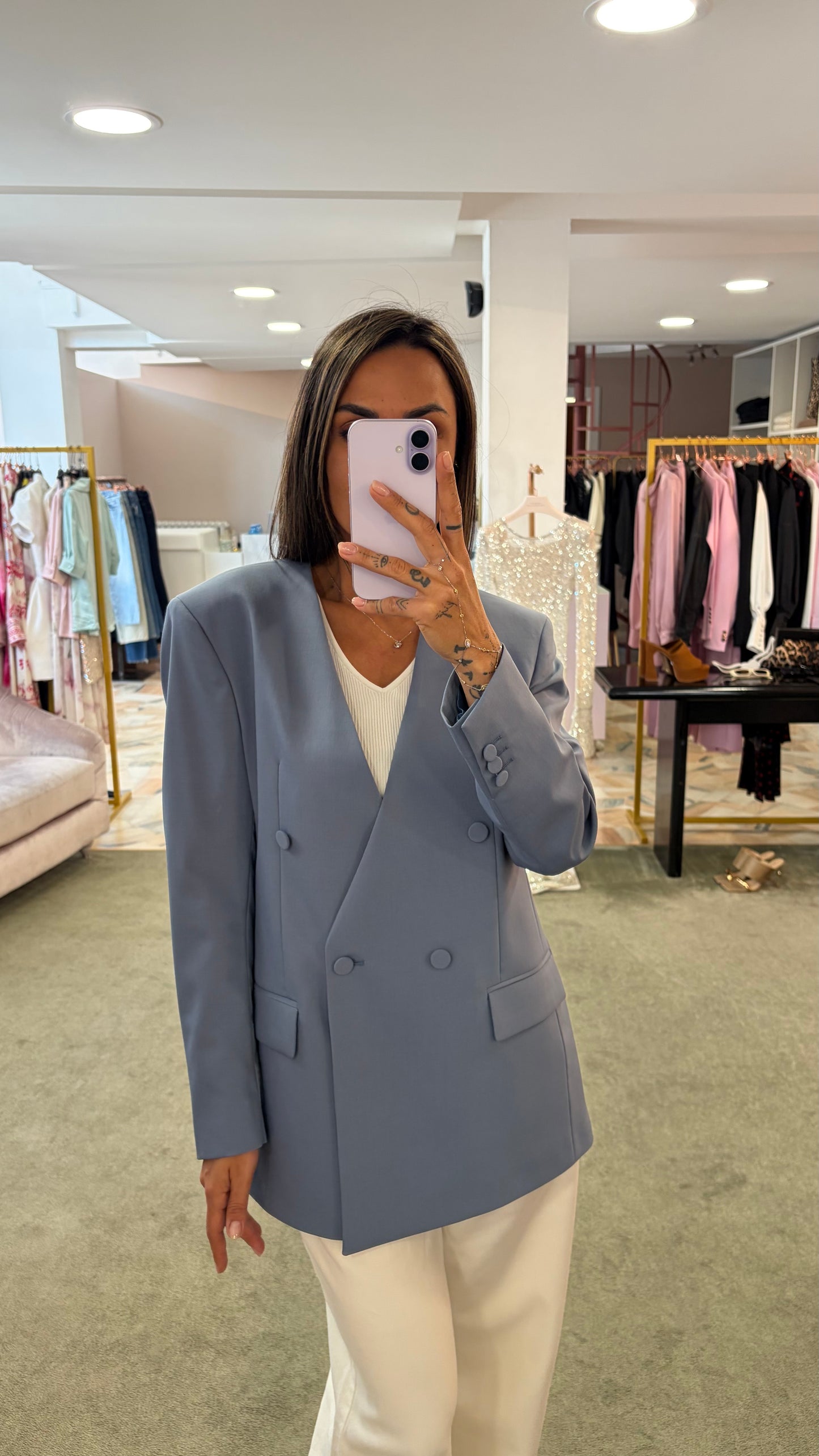 Blazer celeste doppiopetto senza rever Marsem