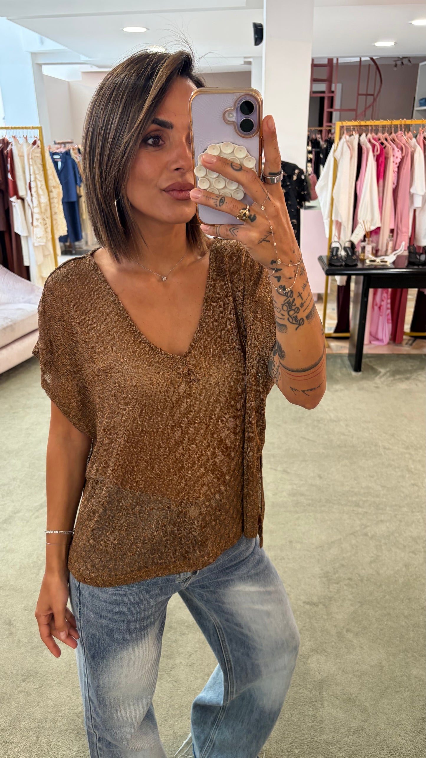 Maglia scollo a v bronzo in lurex manica scesa ay