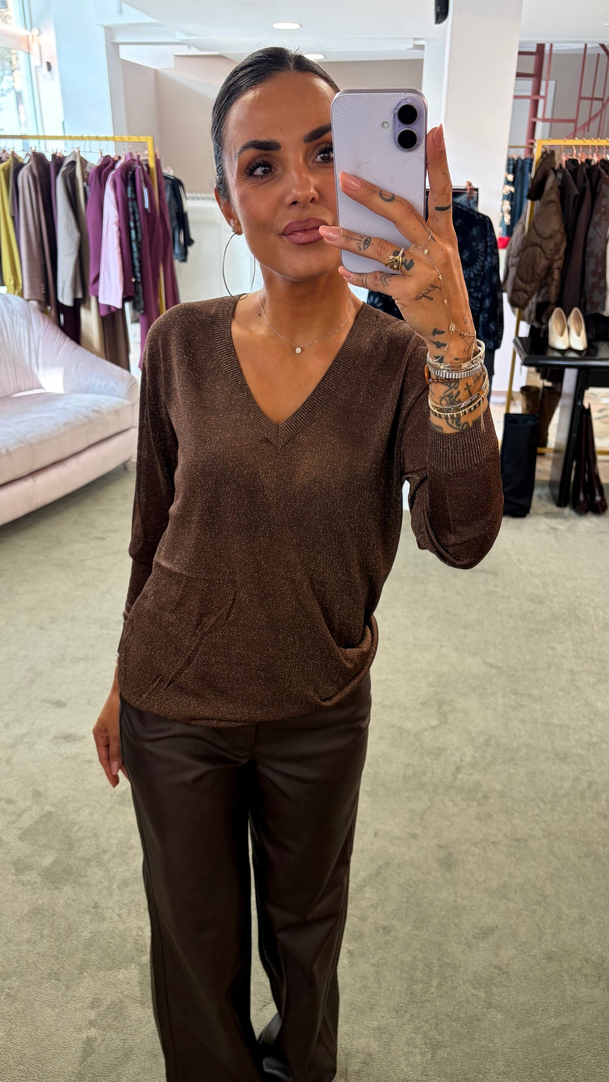 Maglia marrone lurex scollo a v maniche lunghe fr