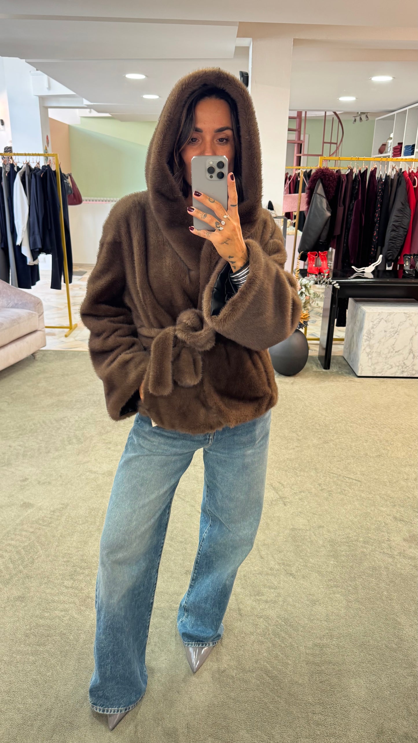 Pelliccia eco marrone luxury con cappuccio ys