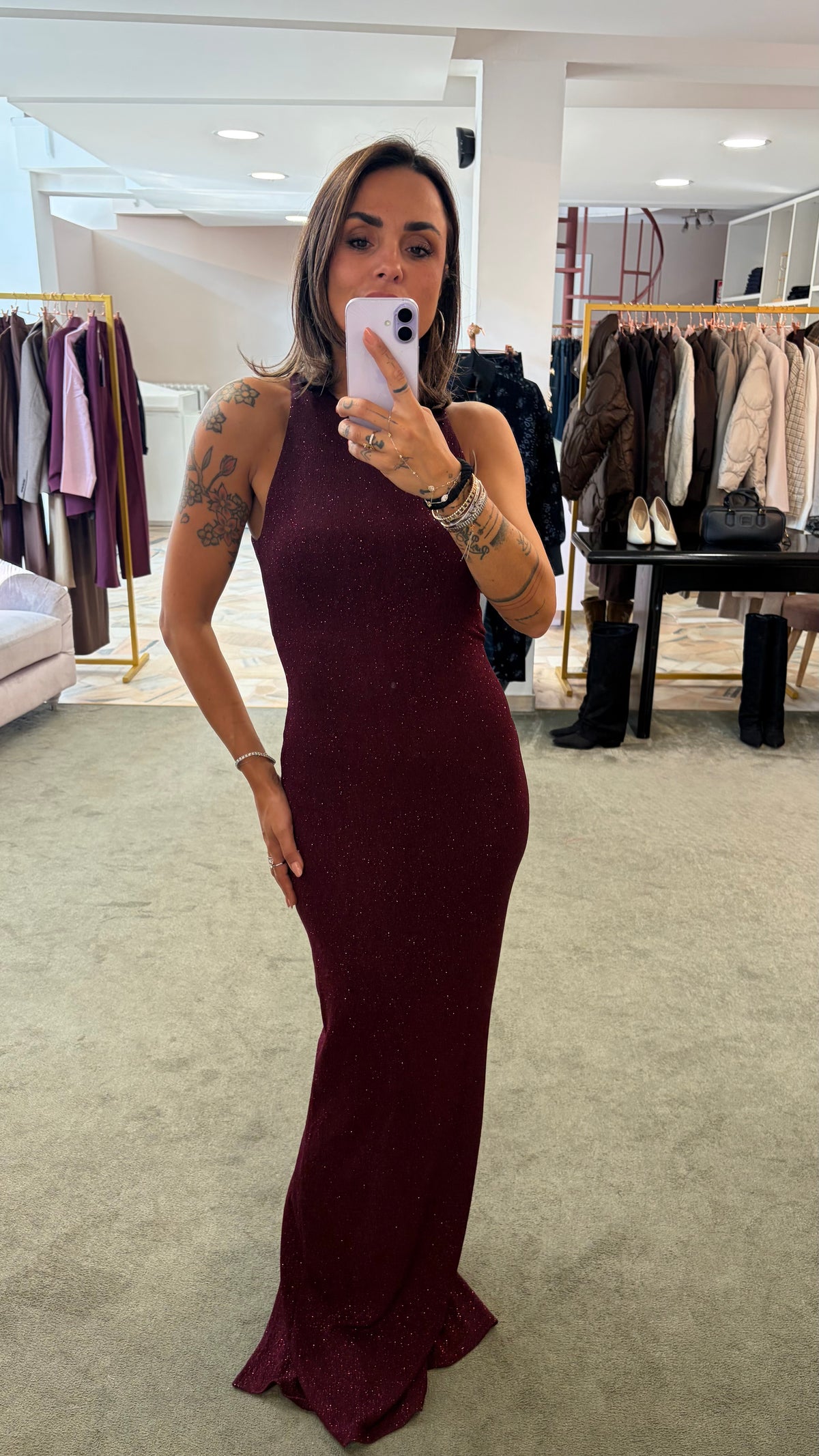 Abito lungo bordeaux lurex scollo all'americana ks