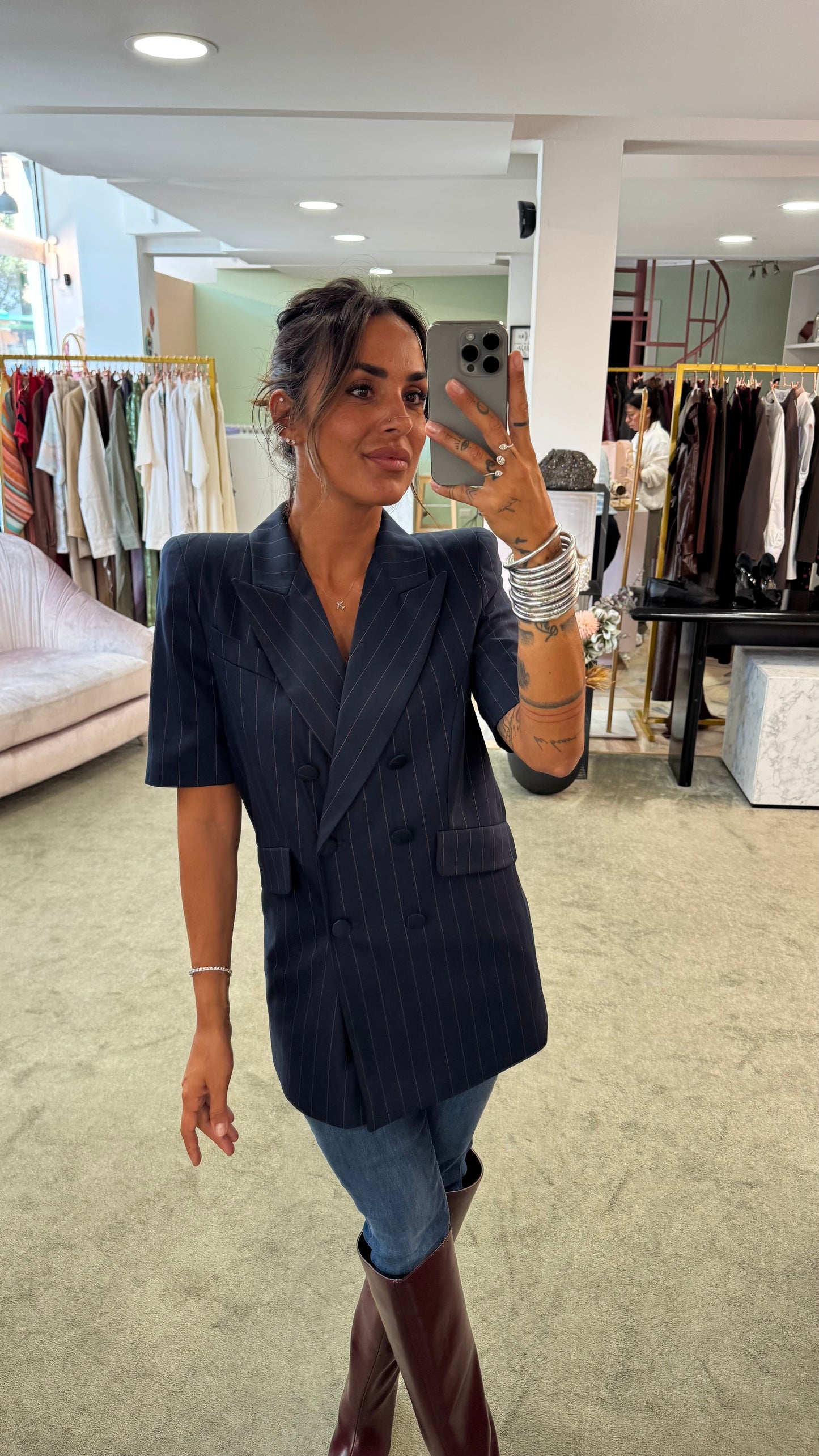 Blazer blu gessato manica corta Actualee