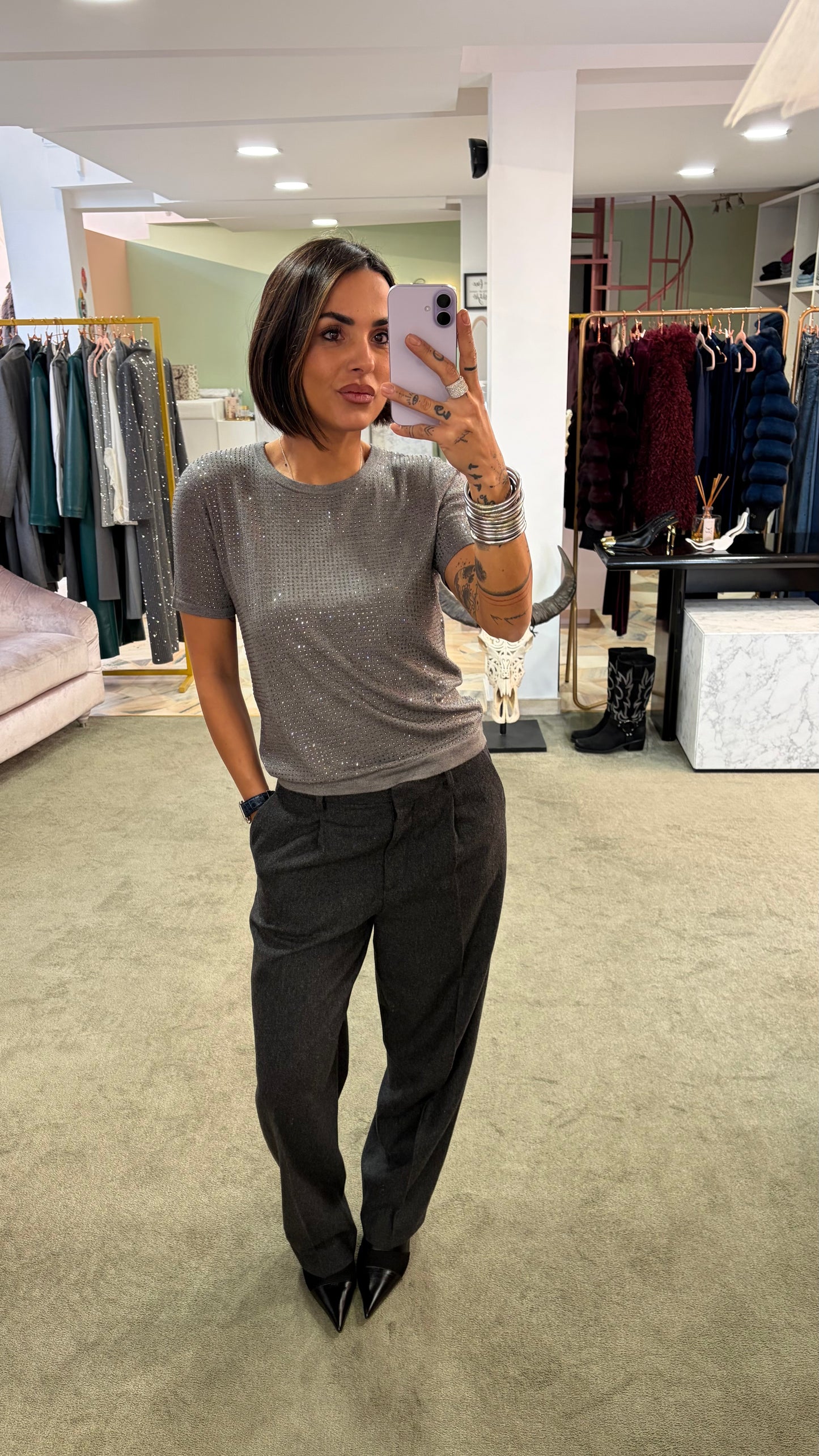 Maglia t-shirt grigia manica corta con cristalli fr