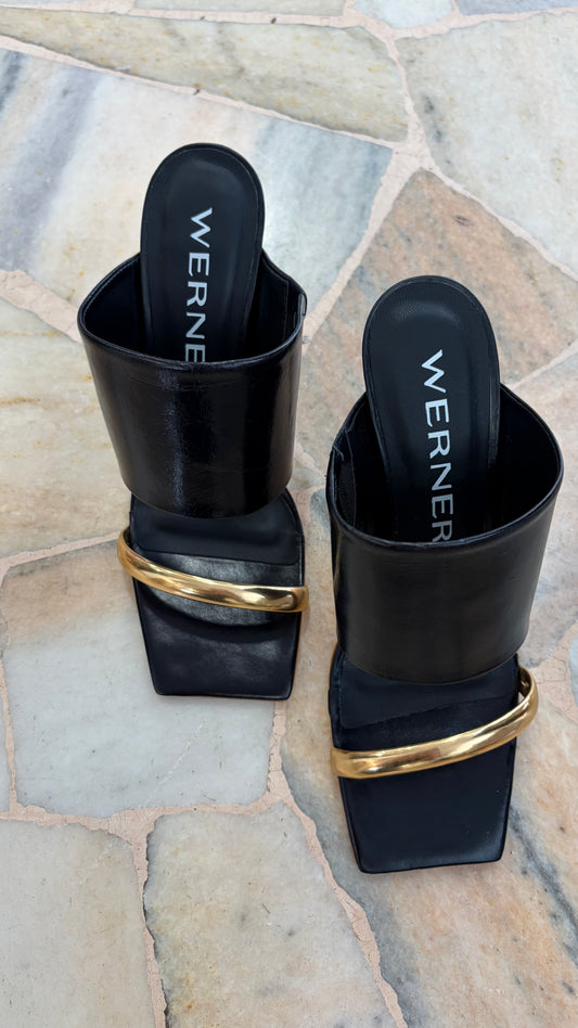 Mules sabot nera doppia fascia e tacco oro