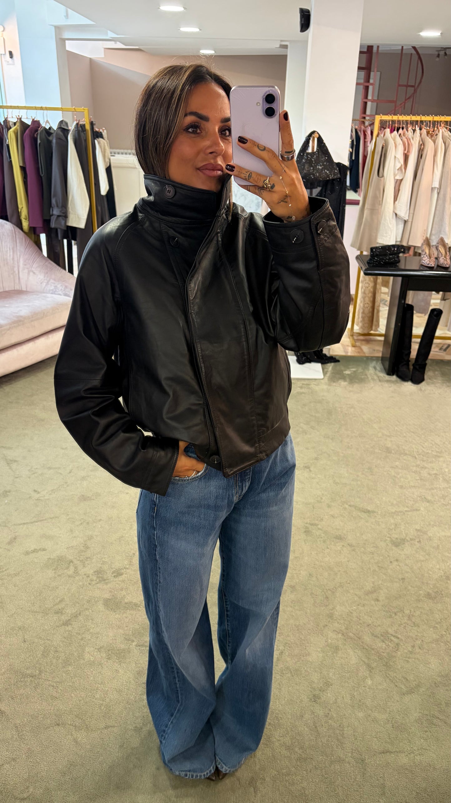 Giacca aviator nero in pelle con elastico in vita sl
