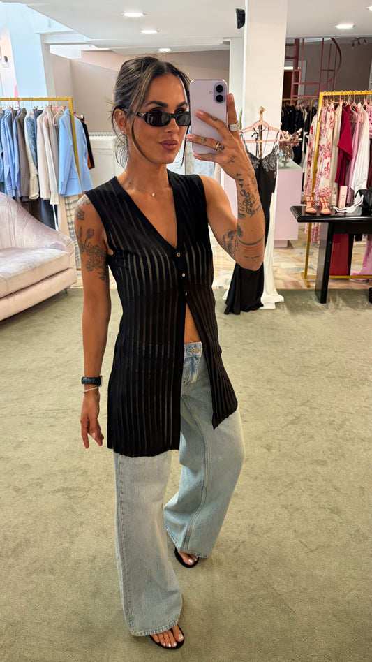 Cardigan smanicato nero a righe trasparente bj