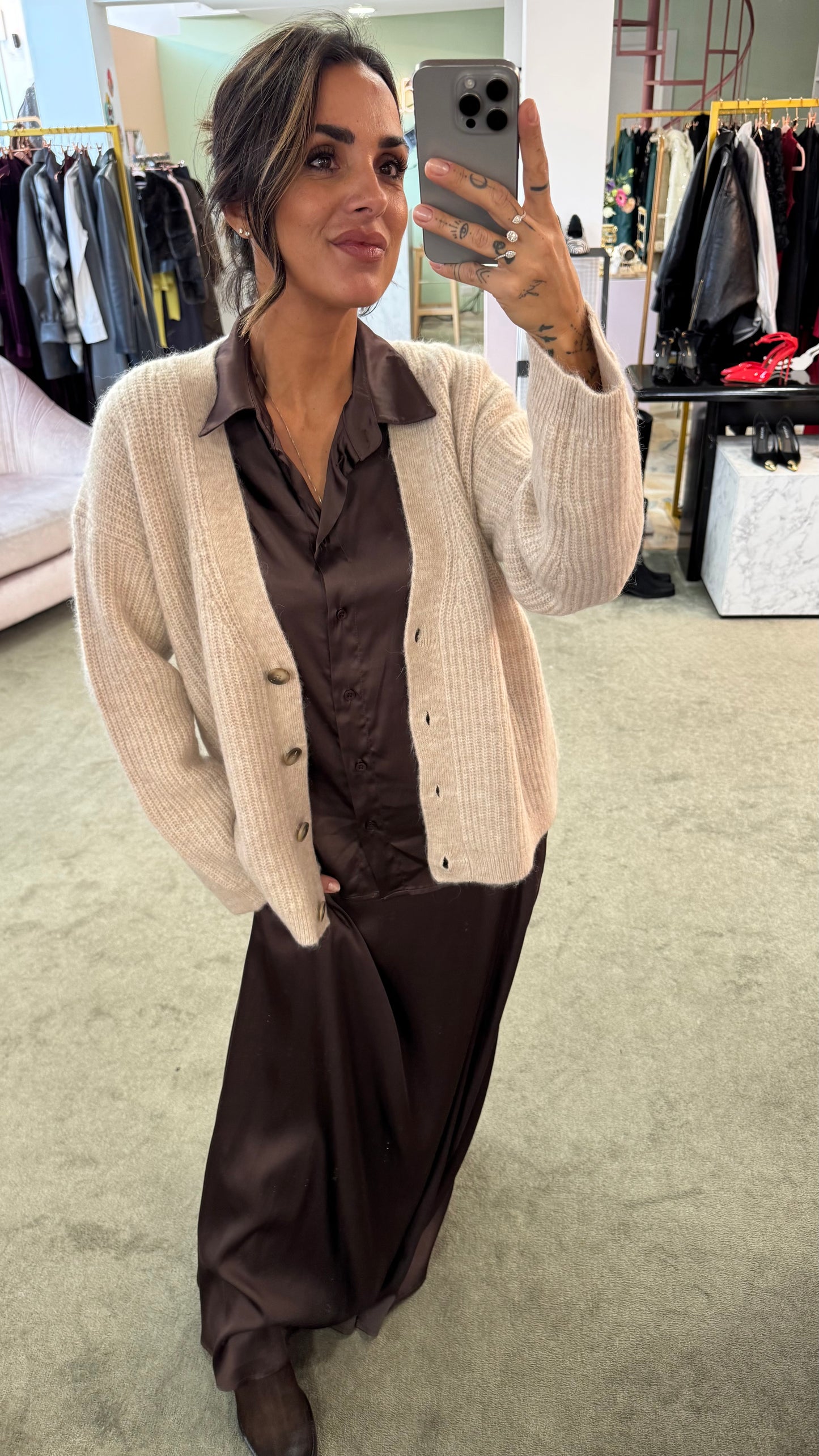 Cardigan over beige melange maglia inglese sl