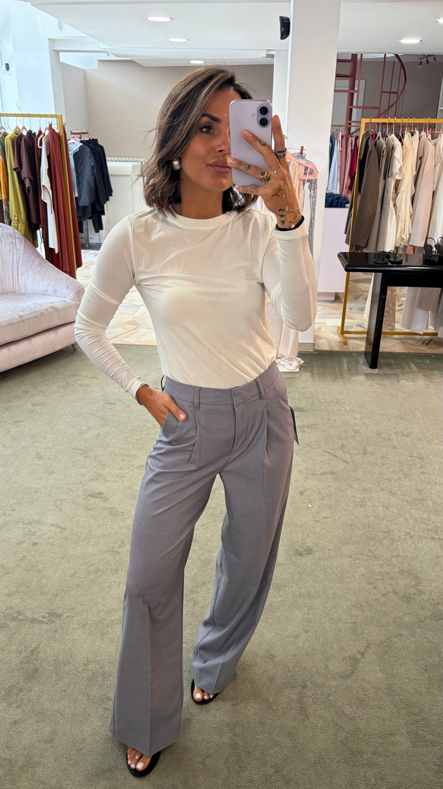 Pantaloni grigio ellis con pences wide leg jx