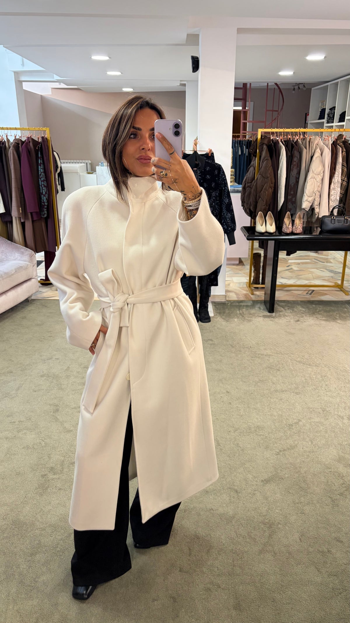 Cappotto lungo panna con cintura Actualee