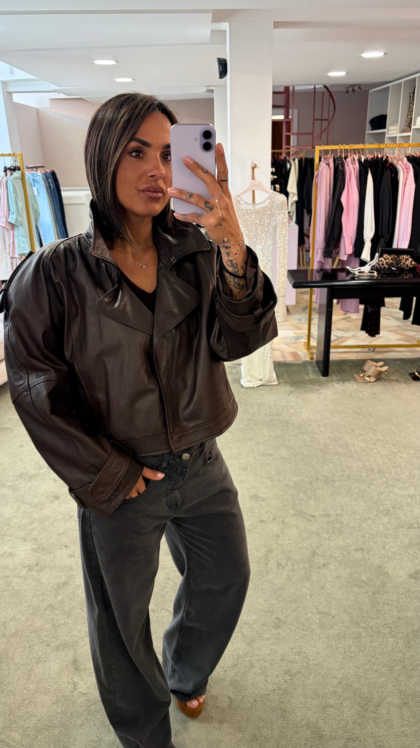 Giacca chiodo crop marrone in pelle vera Marsem