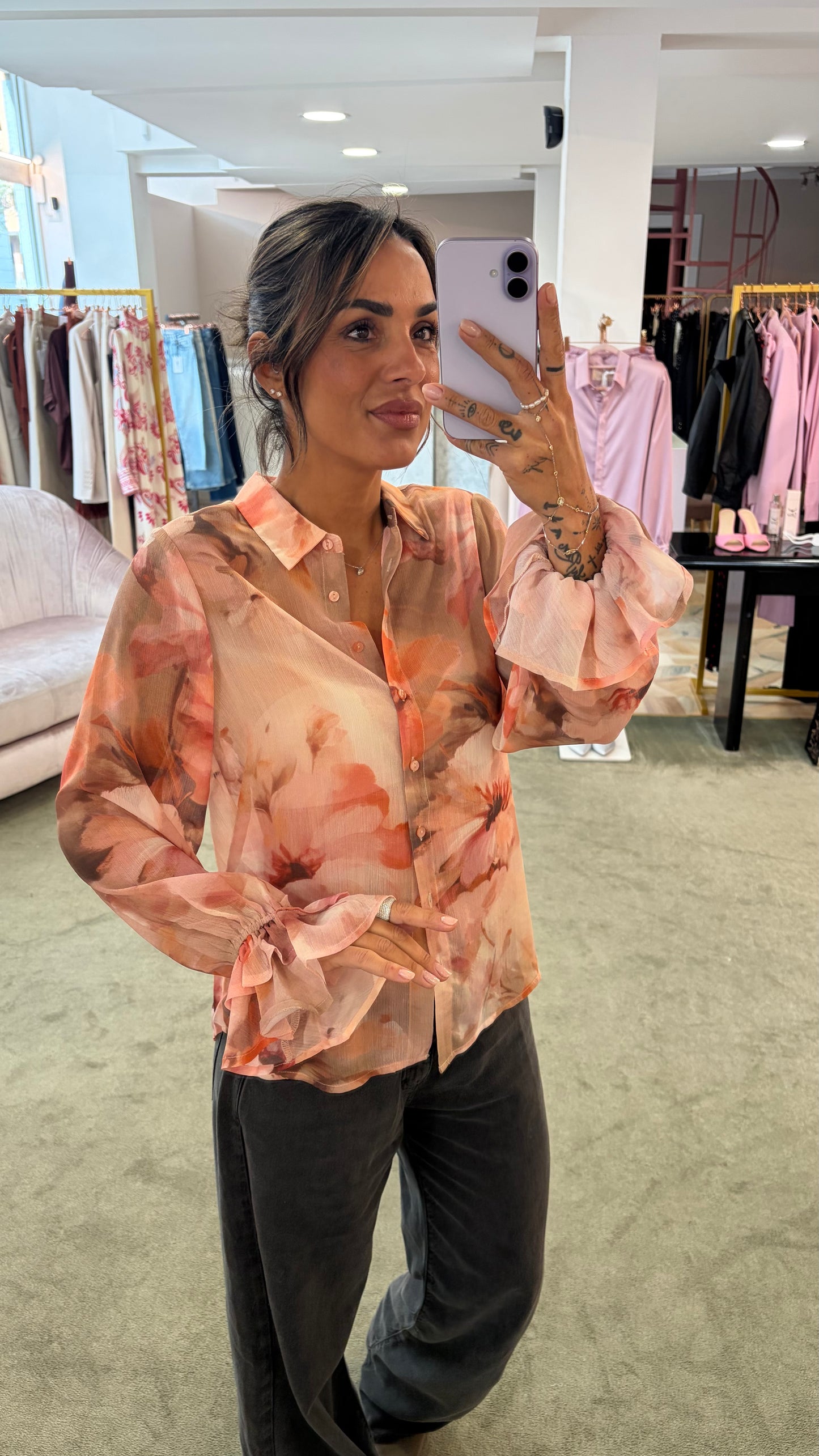 Camicia carmen pesca con fiori sy