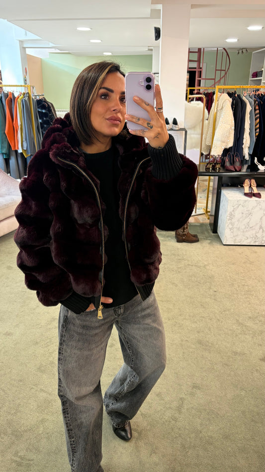 Bomber in pelliccia eco bordeaux luxury con cappuccio un