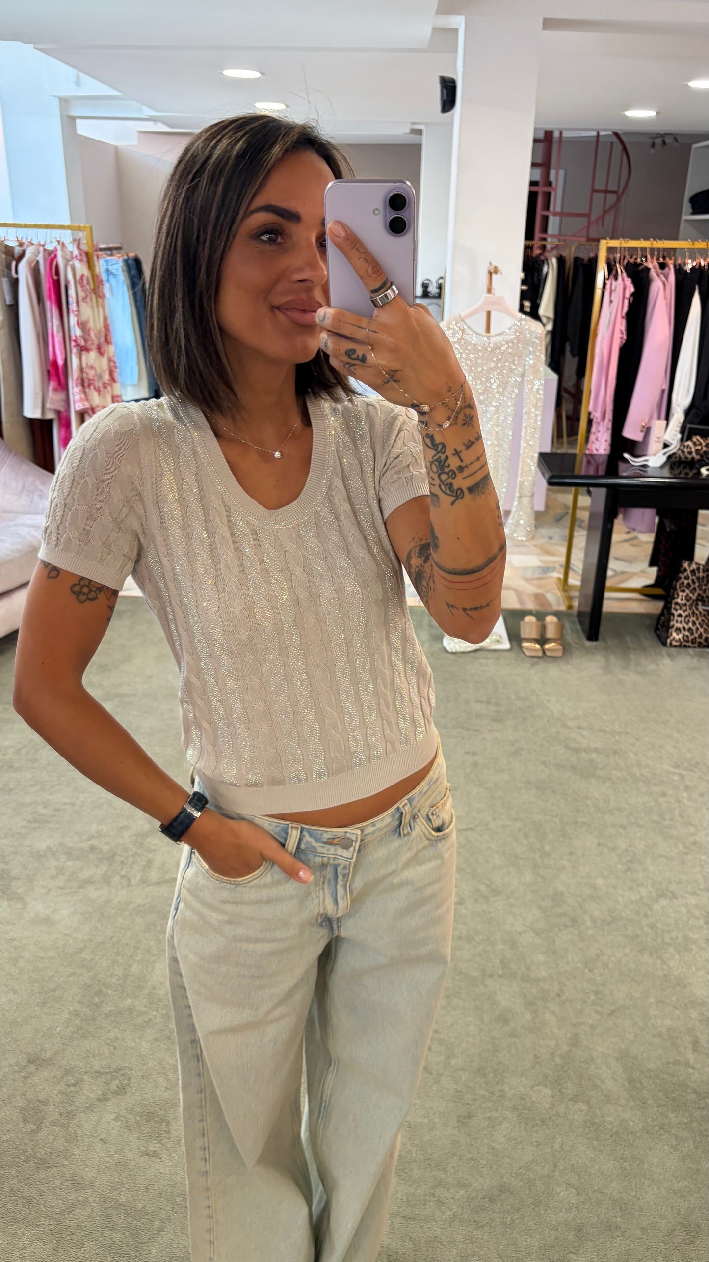 Maglia ghiaccio  manica corta a trecce crystal fr