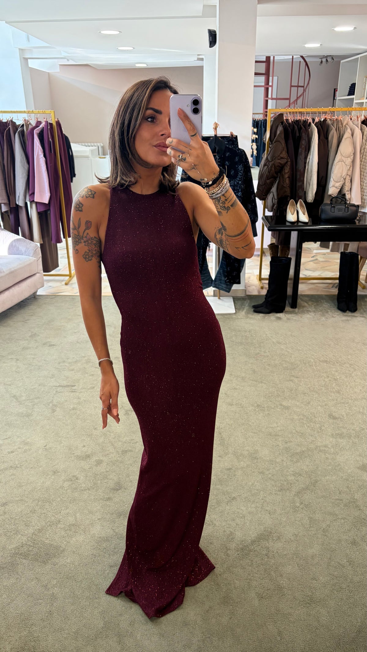 Abito lungo bordeaux lurex scollo all'americana ks