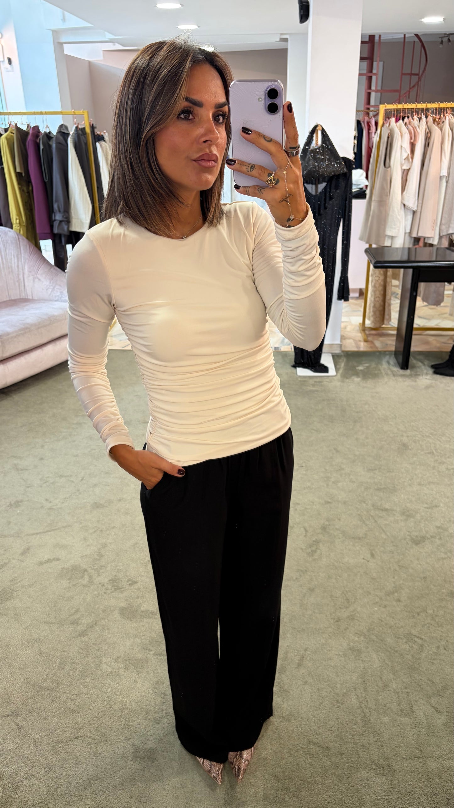 Maglia madelynn panna manica lunga con arricciature aw