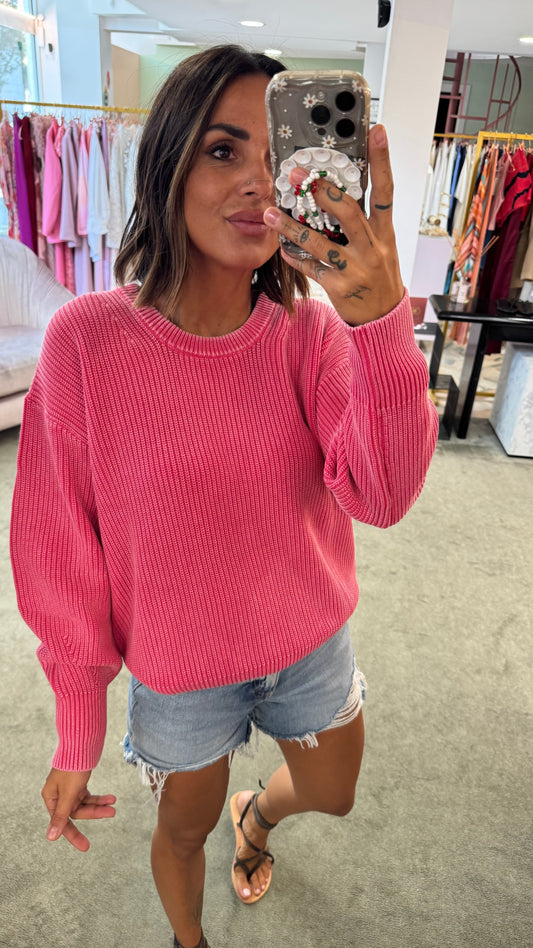 Maglione rosa fragola stonewashed a costine jx