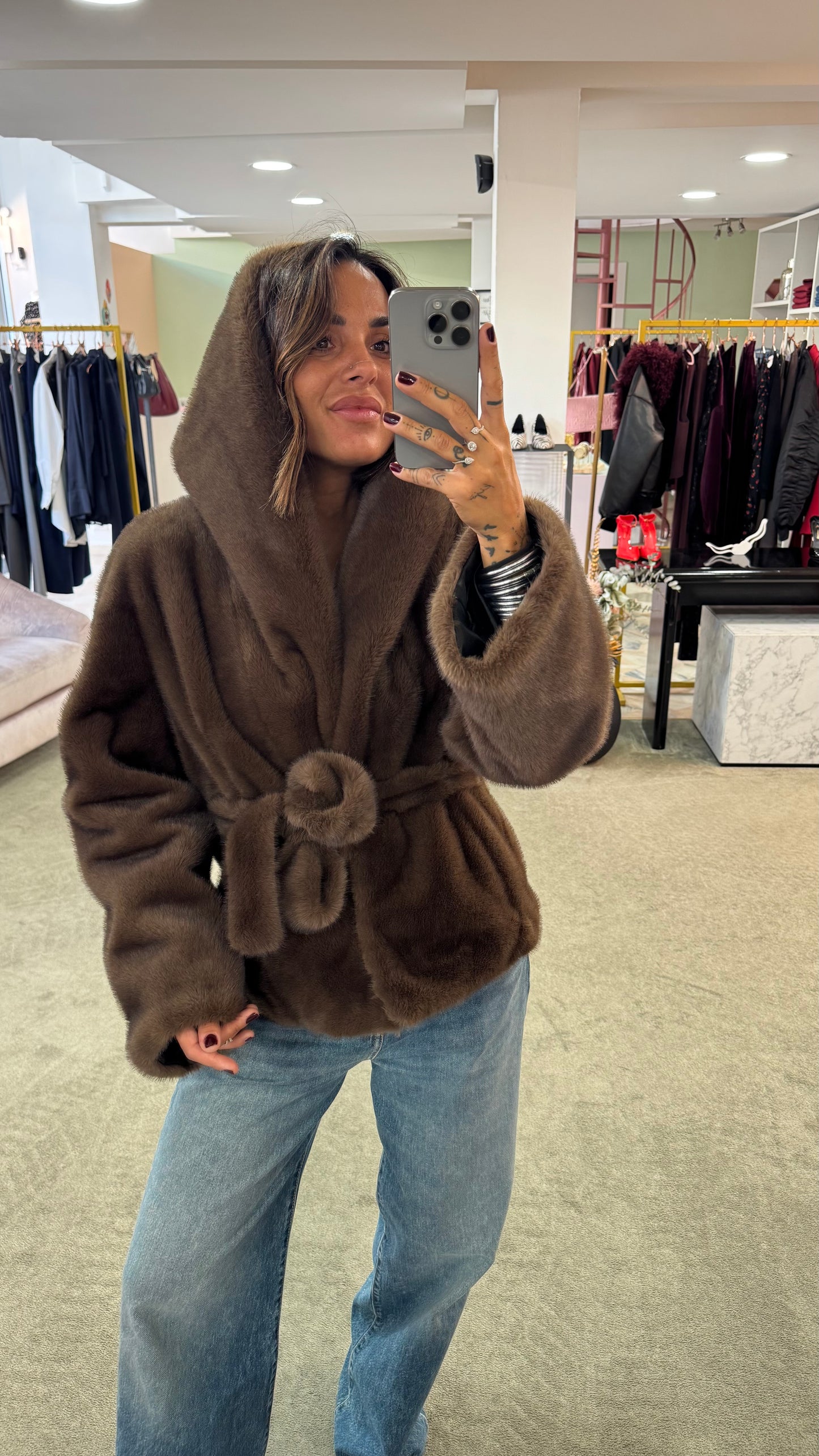 Pelliccia eco marrone luxury con cappuccio ys