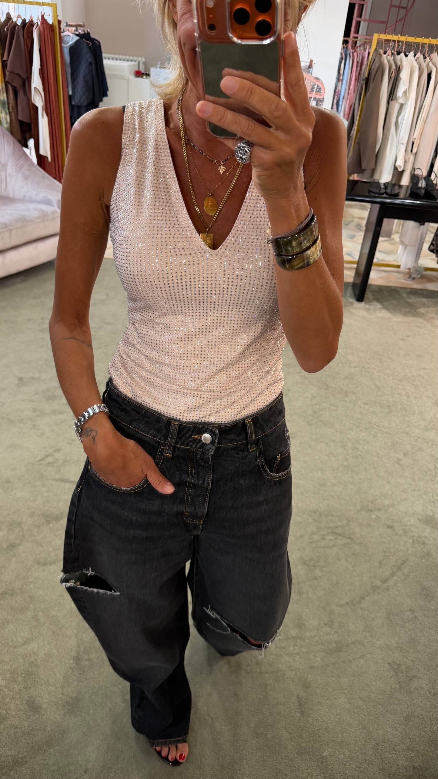 Body rosa cipria crystal smanicato scollo a v tw