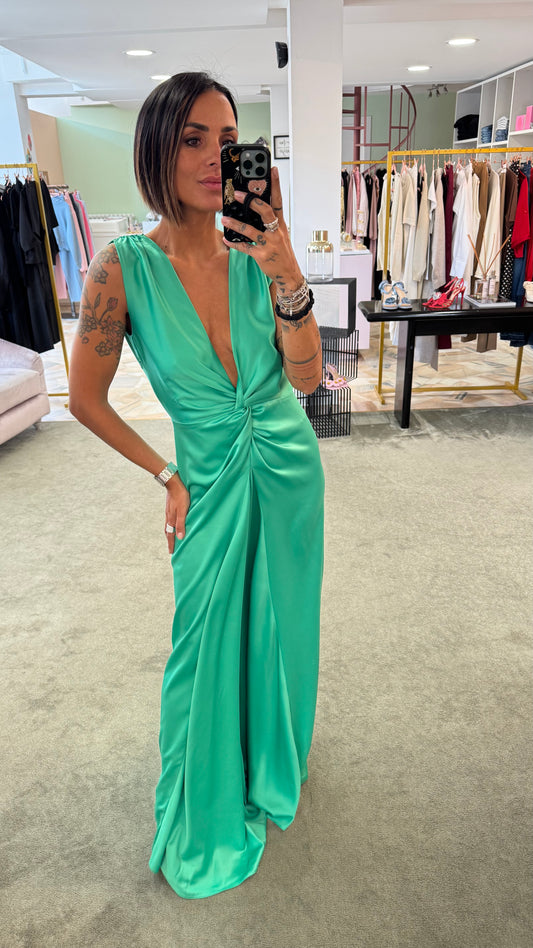 Abito lungo verde smeraldo incrociato in satin Actualee