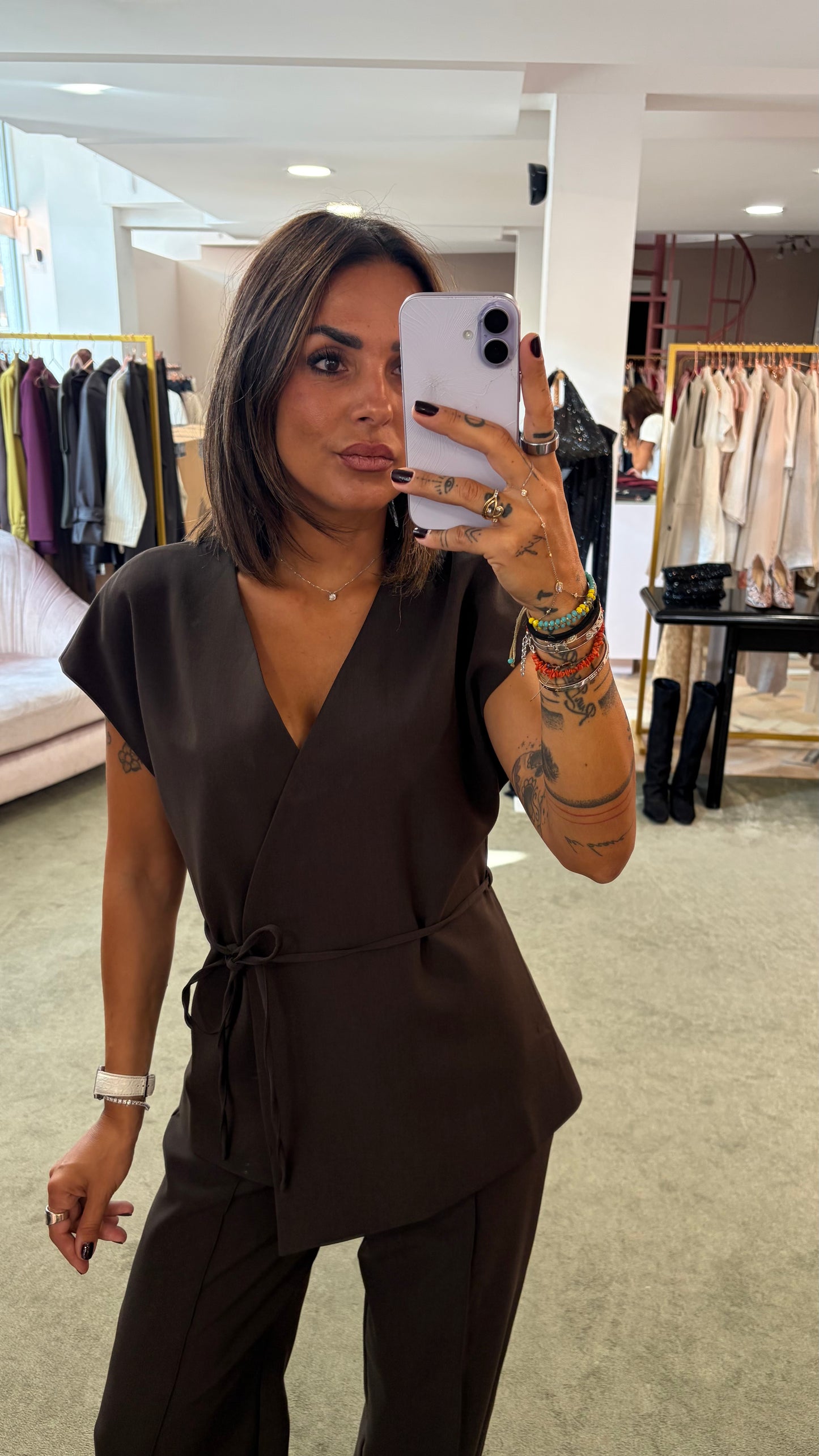 Gilet a chimono marrone testa di moro con cinturina aw