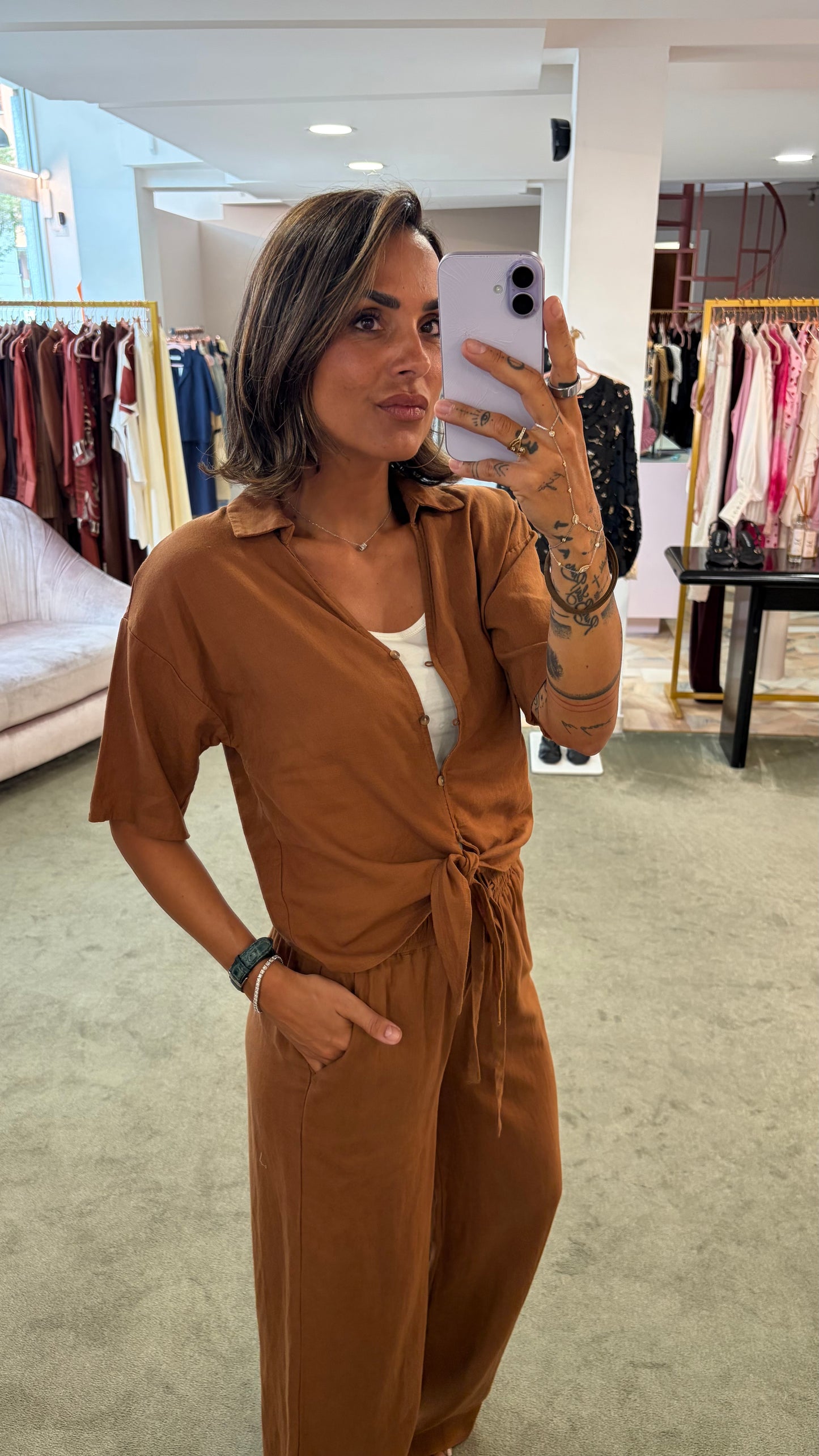 Pantaloni mattone in lino con elastico e coulisse in vita sy