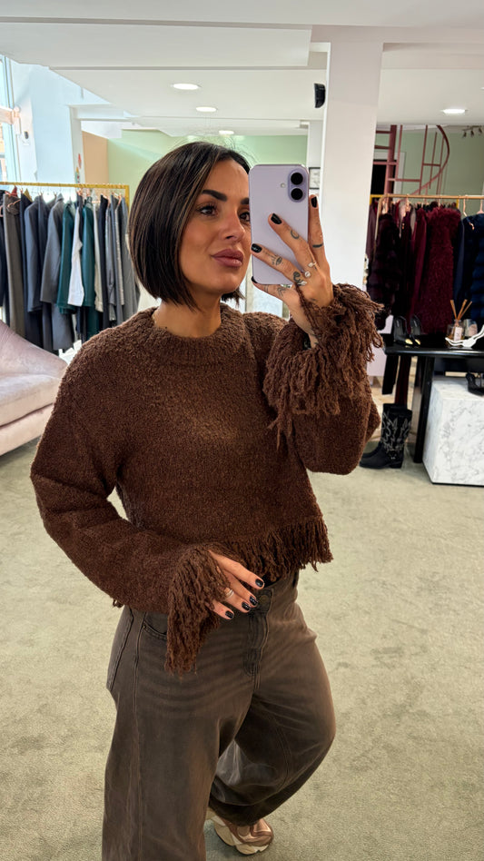 Maglione marrone crop con frange gl