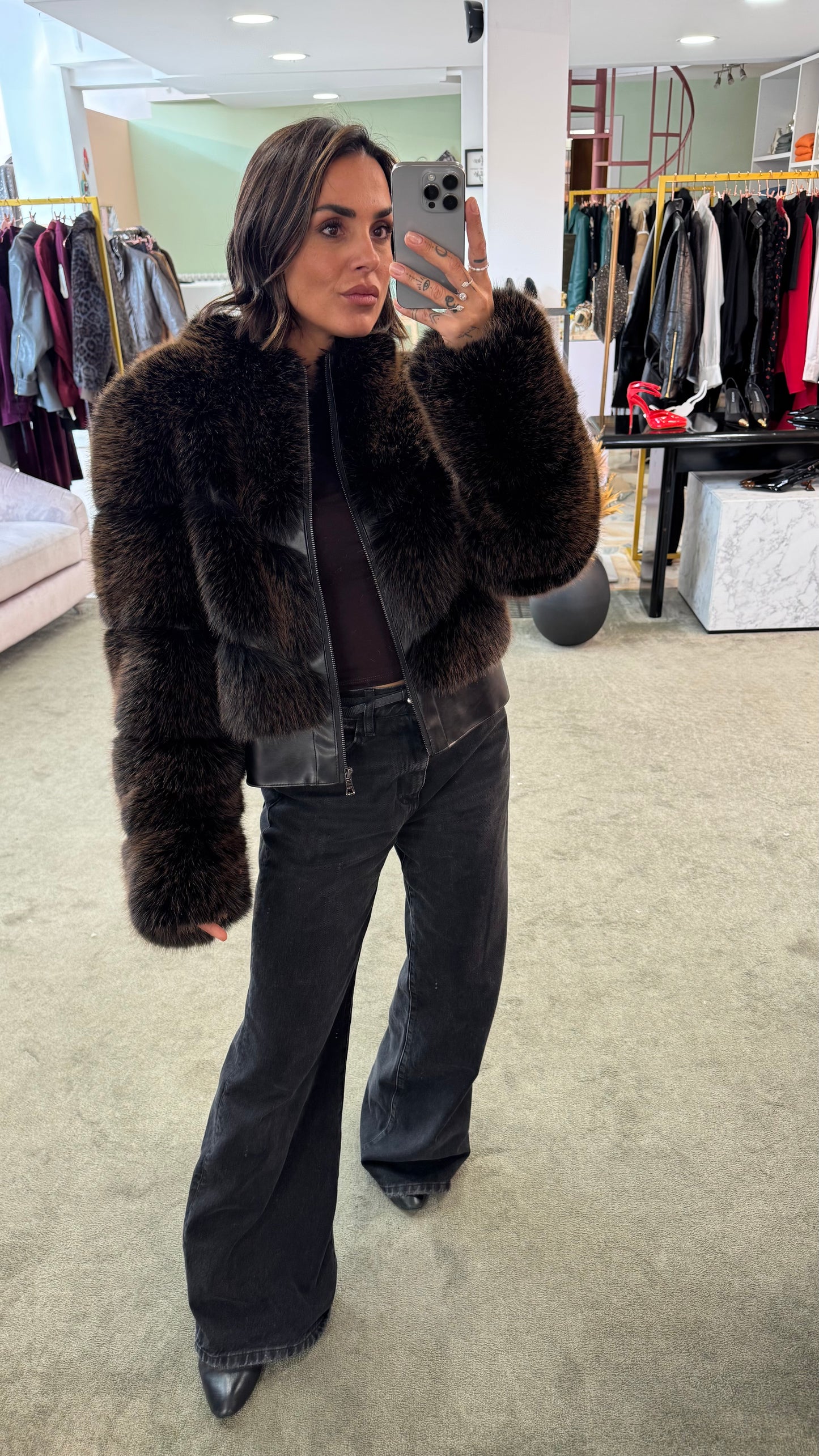 Bomber in pelliccia eco marrone luxury effetto fox un