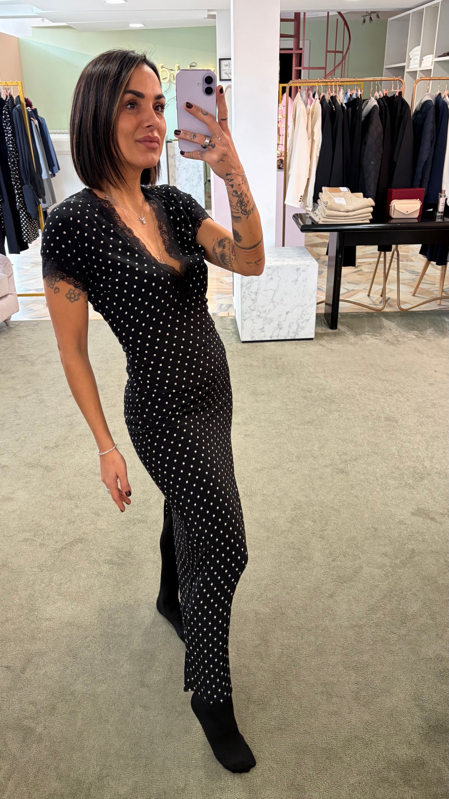 Abito raya midi MAR DE MARGARITAS nero a pois con pizzo