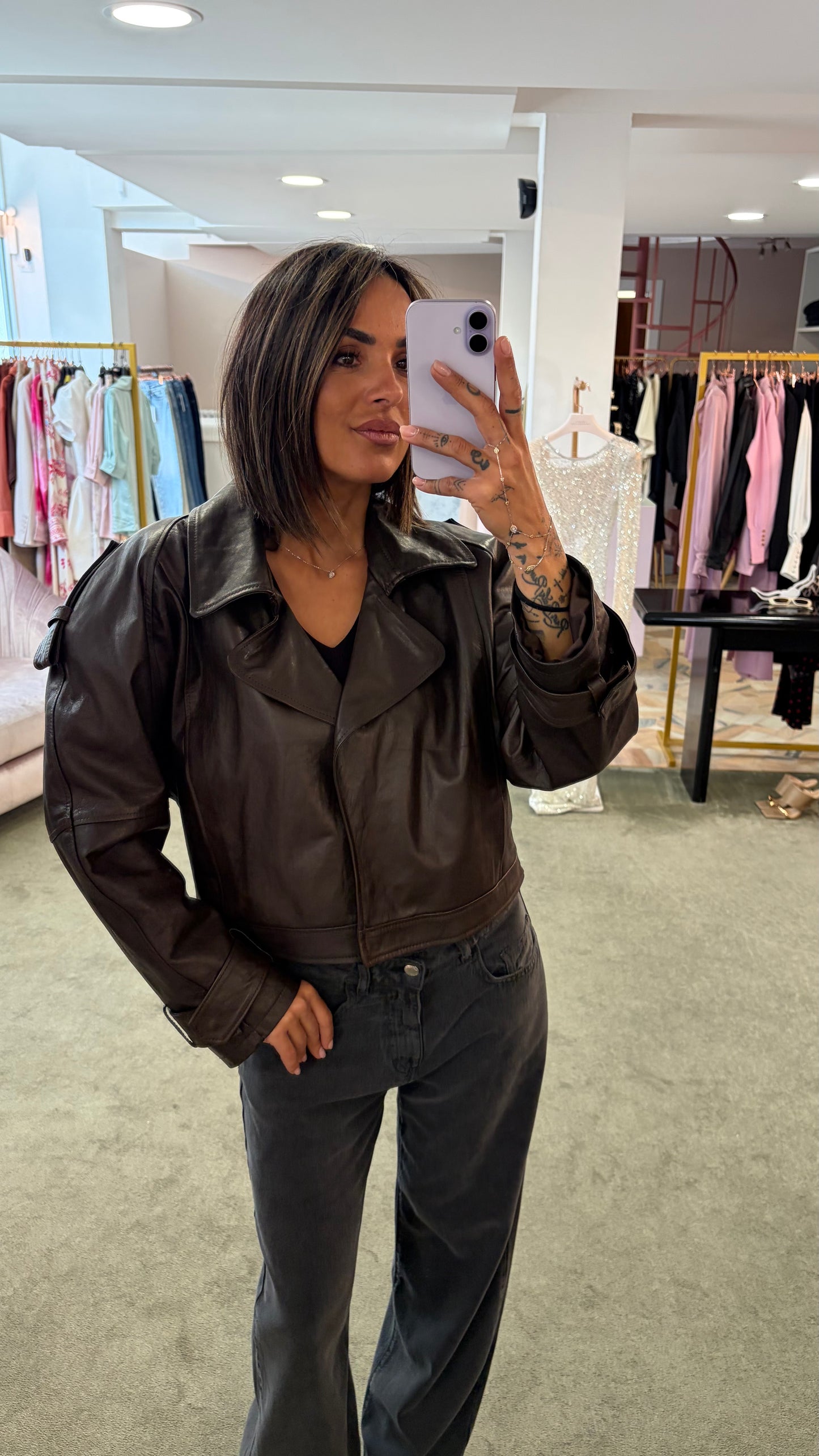 Giacca chiodo crop marrone in pelle vera Marsem