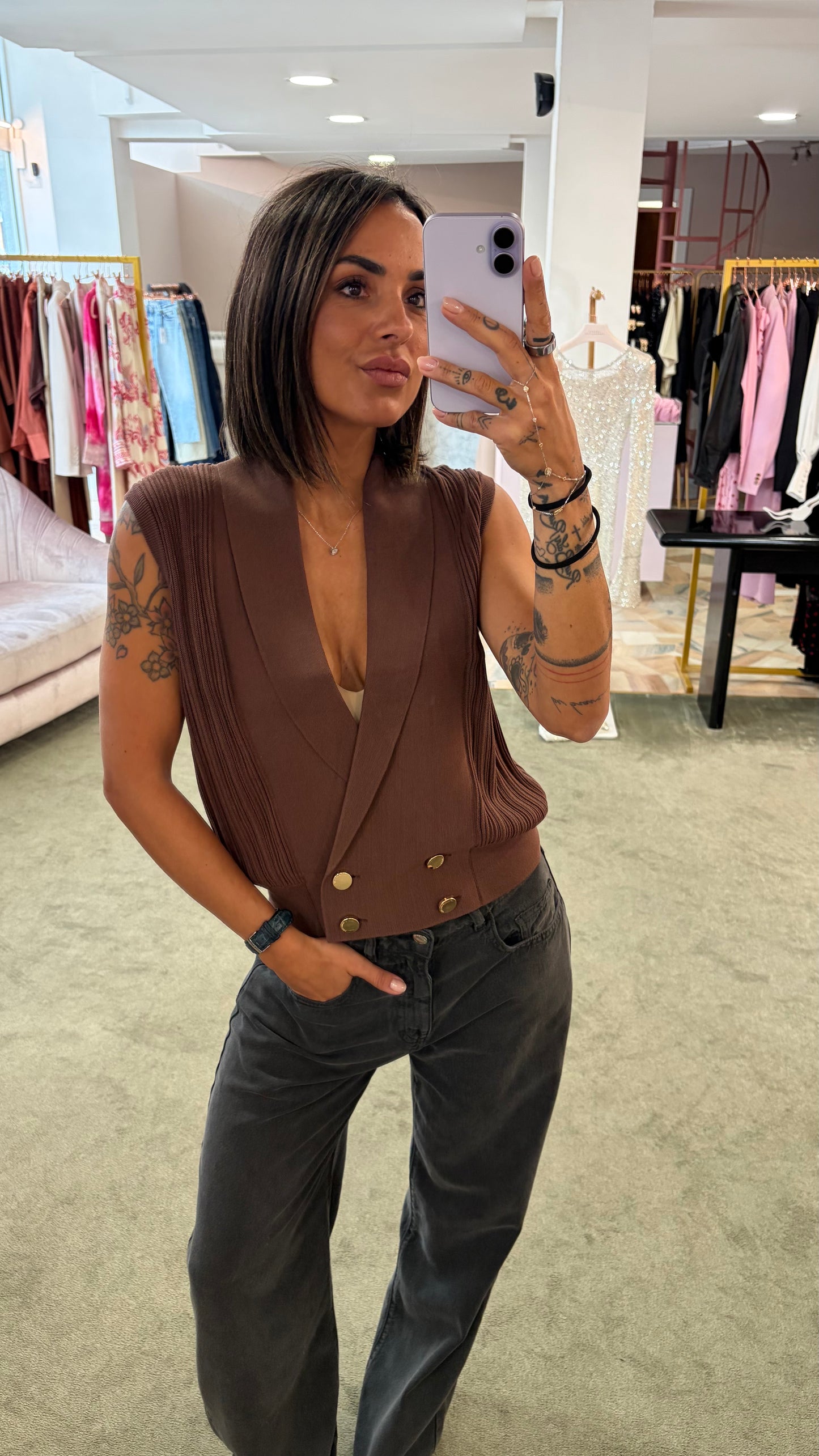 Gilet cacao in maglia con bottoni oro fr