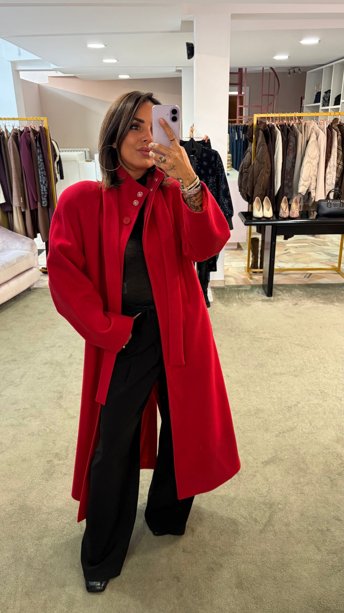 Cappotto lungo rosso con cintura Actualee