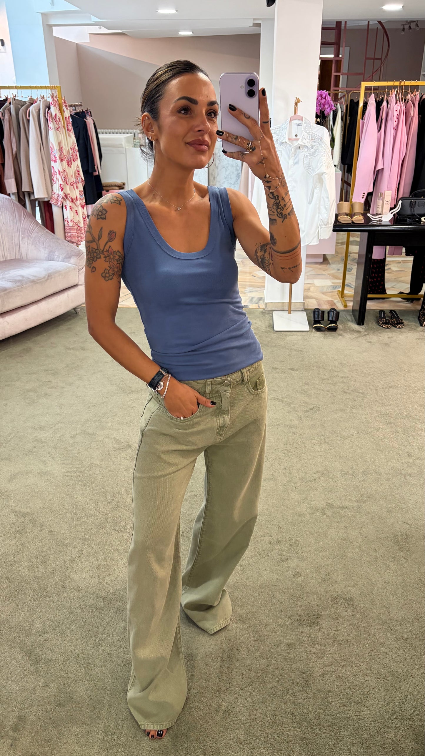 Canotta azzurro denim scollo tondo in viscosa ks