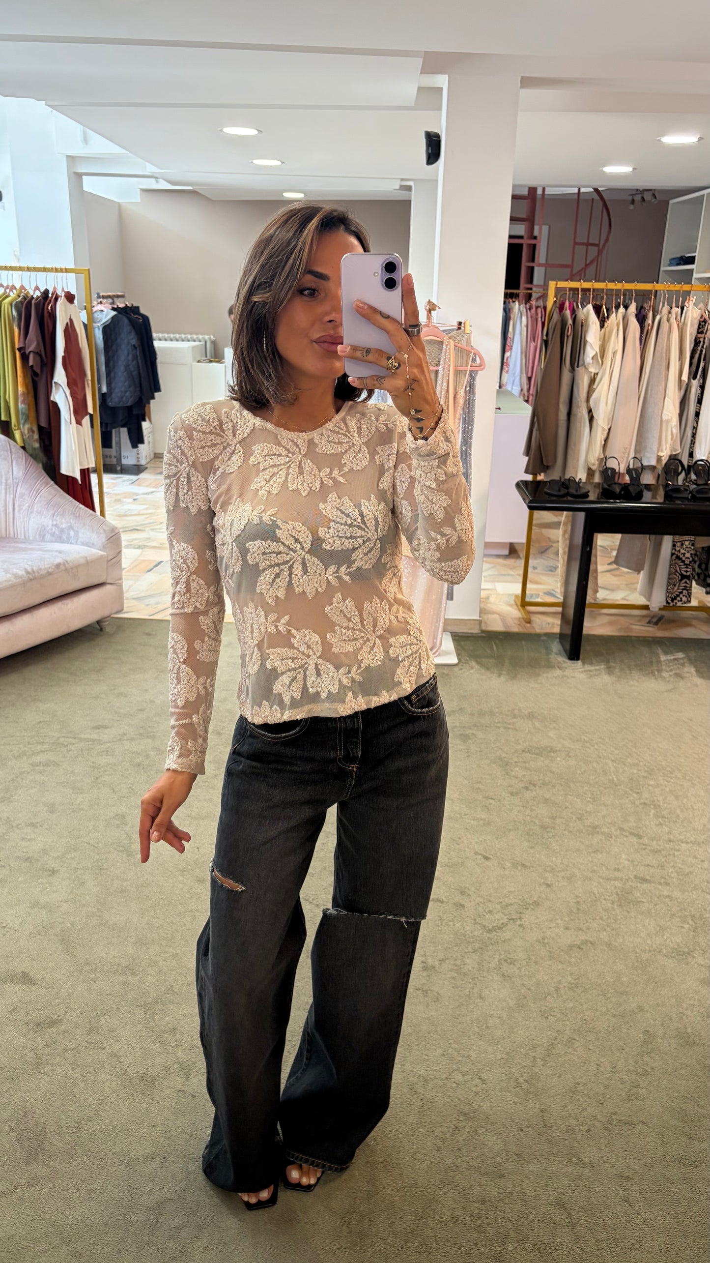 Maglia nude manica lunghe con ricami perline fr