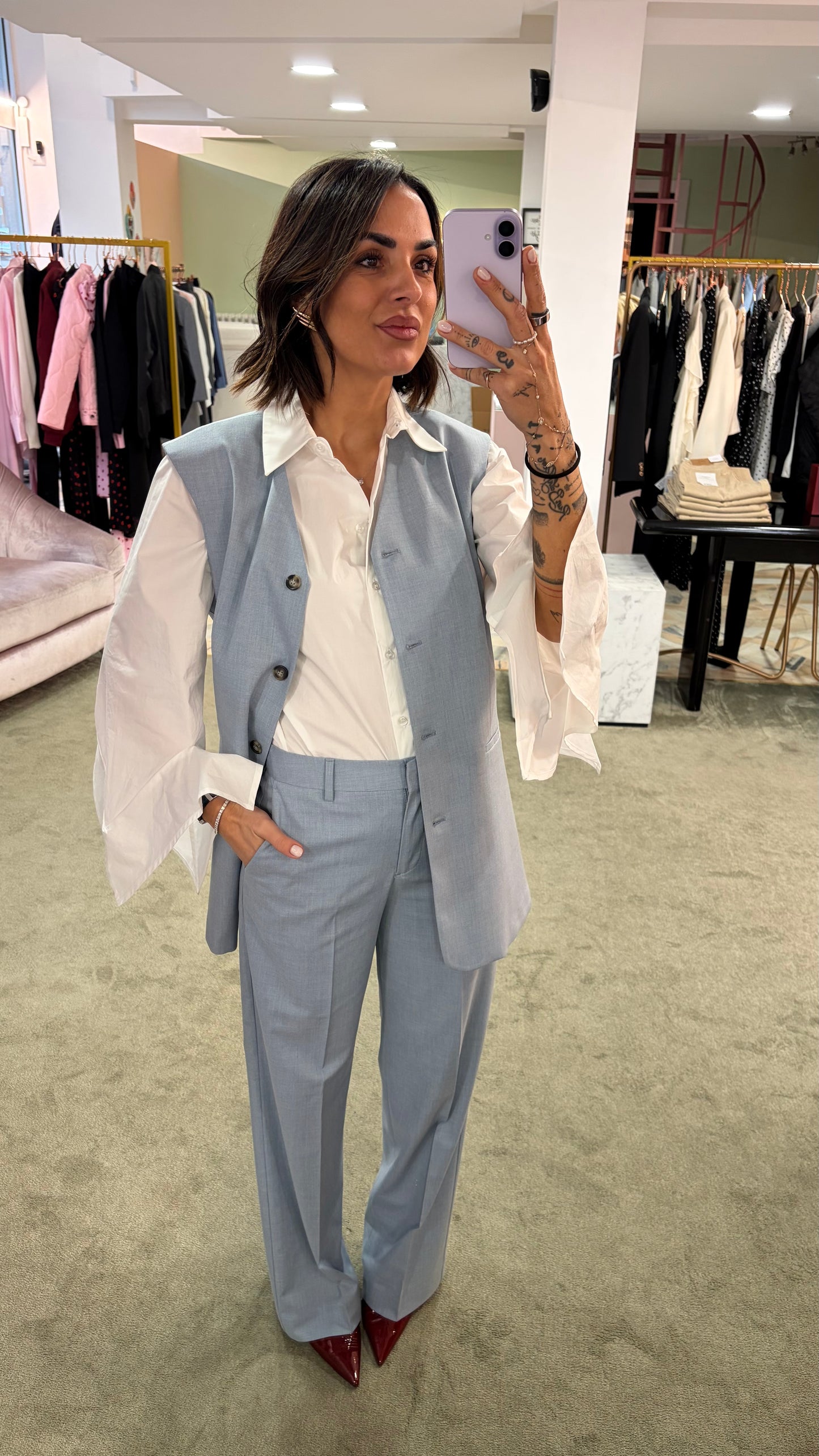 Gilet lungo azzurro effetto blazer con cinturina sl