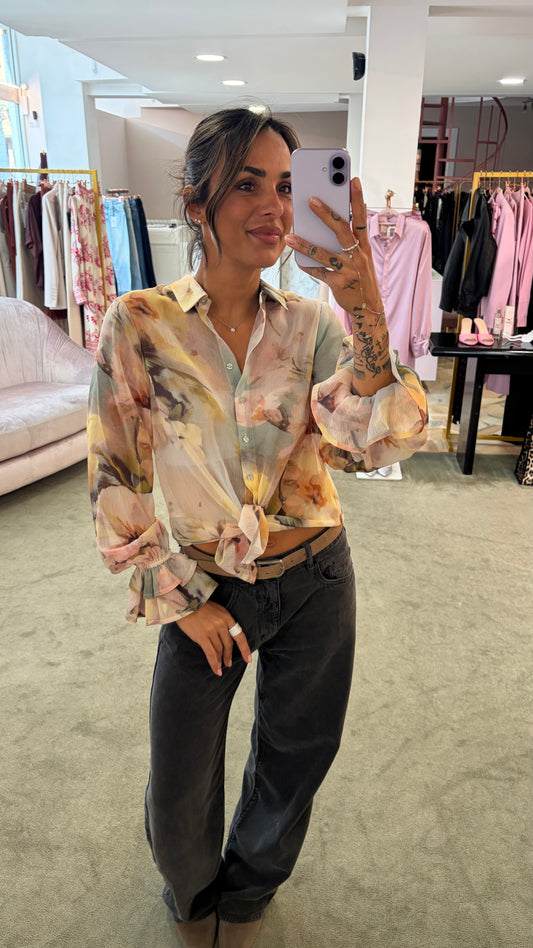 Camicia carmen nude verde con fiori sy