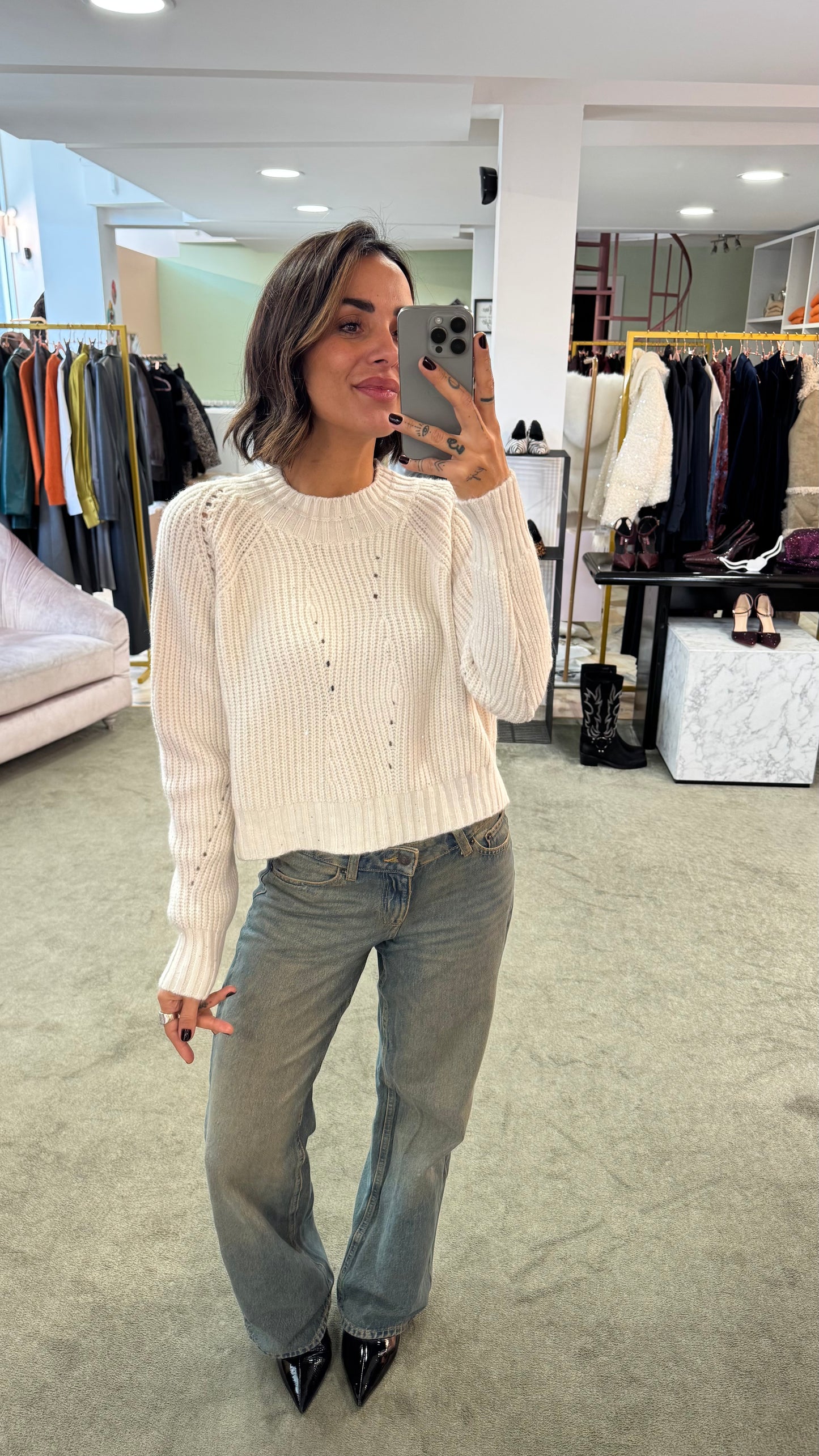 Maglione panna costine con micropaillettes lh