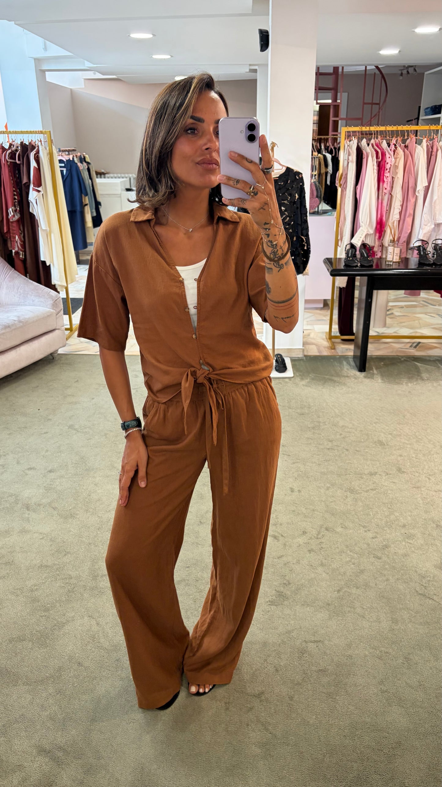 Pantaloni mattone in lino con elastico e coulisse in vita sy