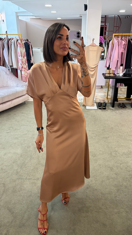 Abito midi nude rose’ in satin manica scesa bj