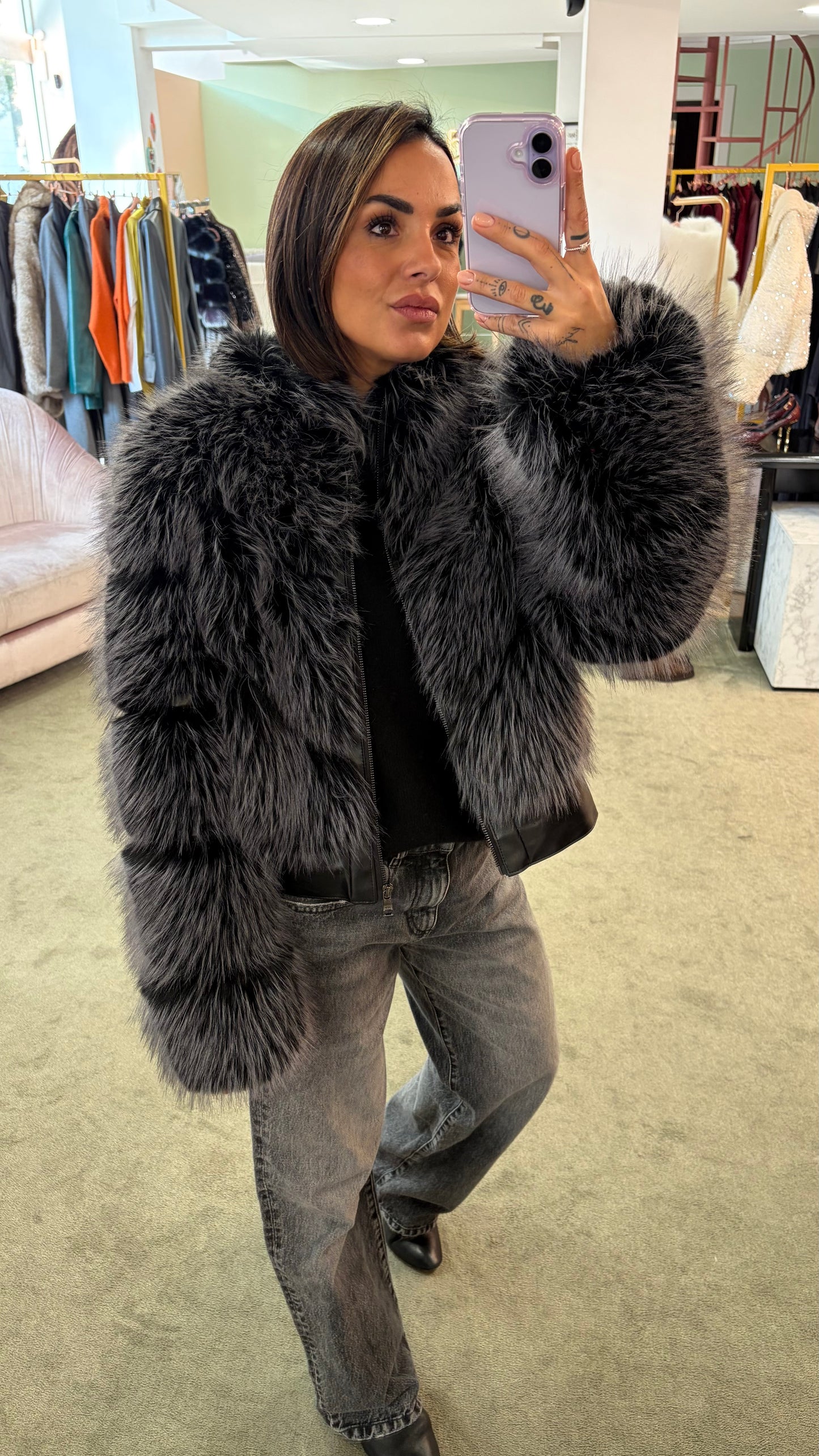 Bomber in pelliccia eco grigio luxury effetto fox un