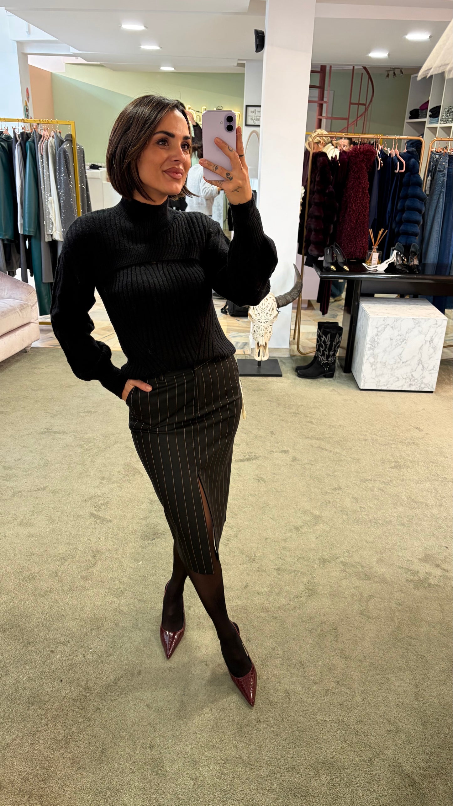 Gonna longuette MAR DE MARGARITAS nera gessata con spacco