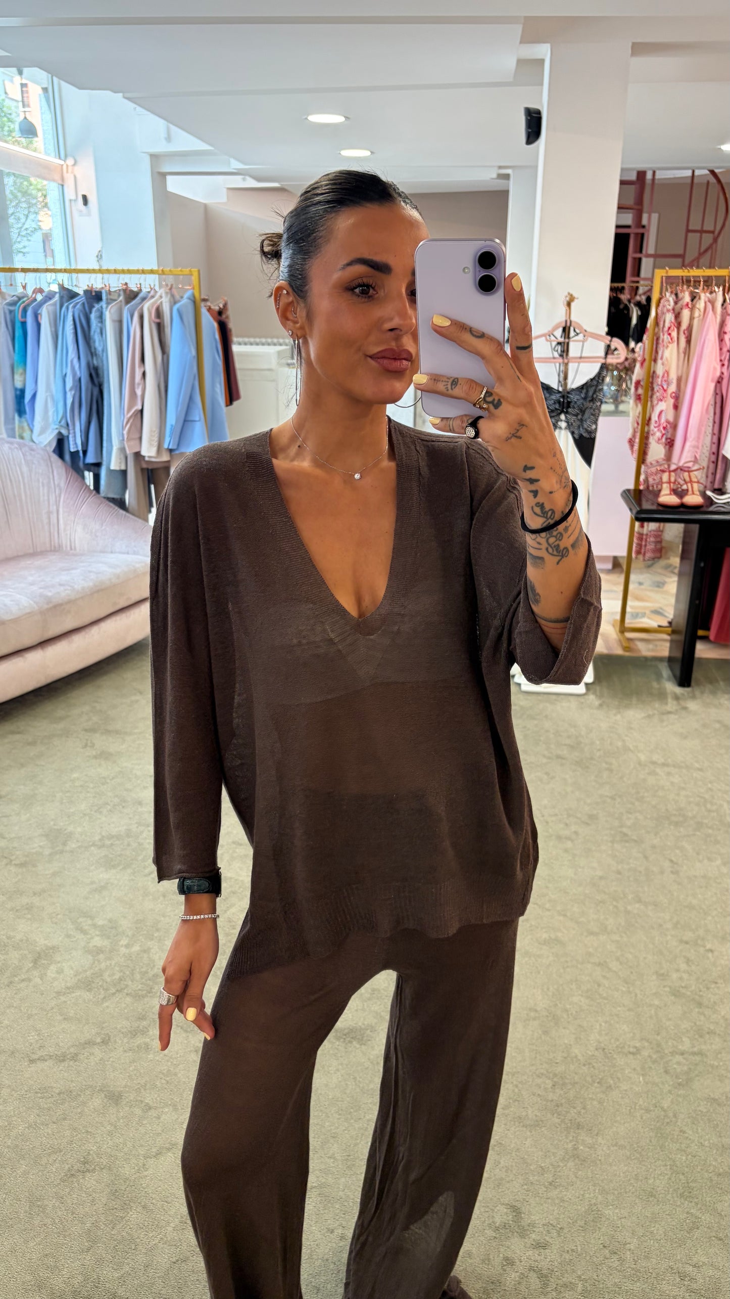 Pantaloni marrone cacao in lino fy