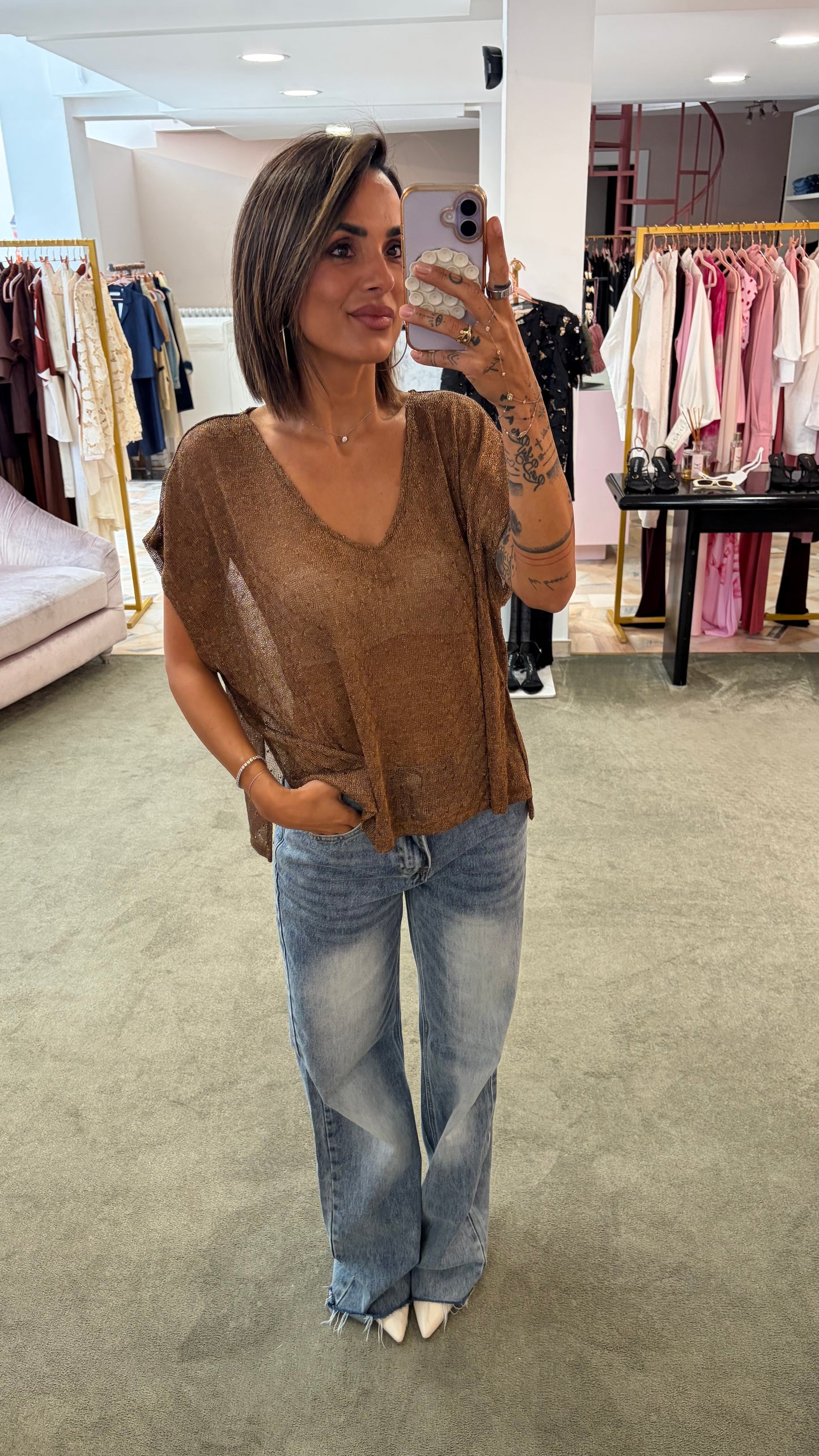 Maglia scollo a v bronzo in lurex manica scesa ay