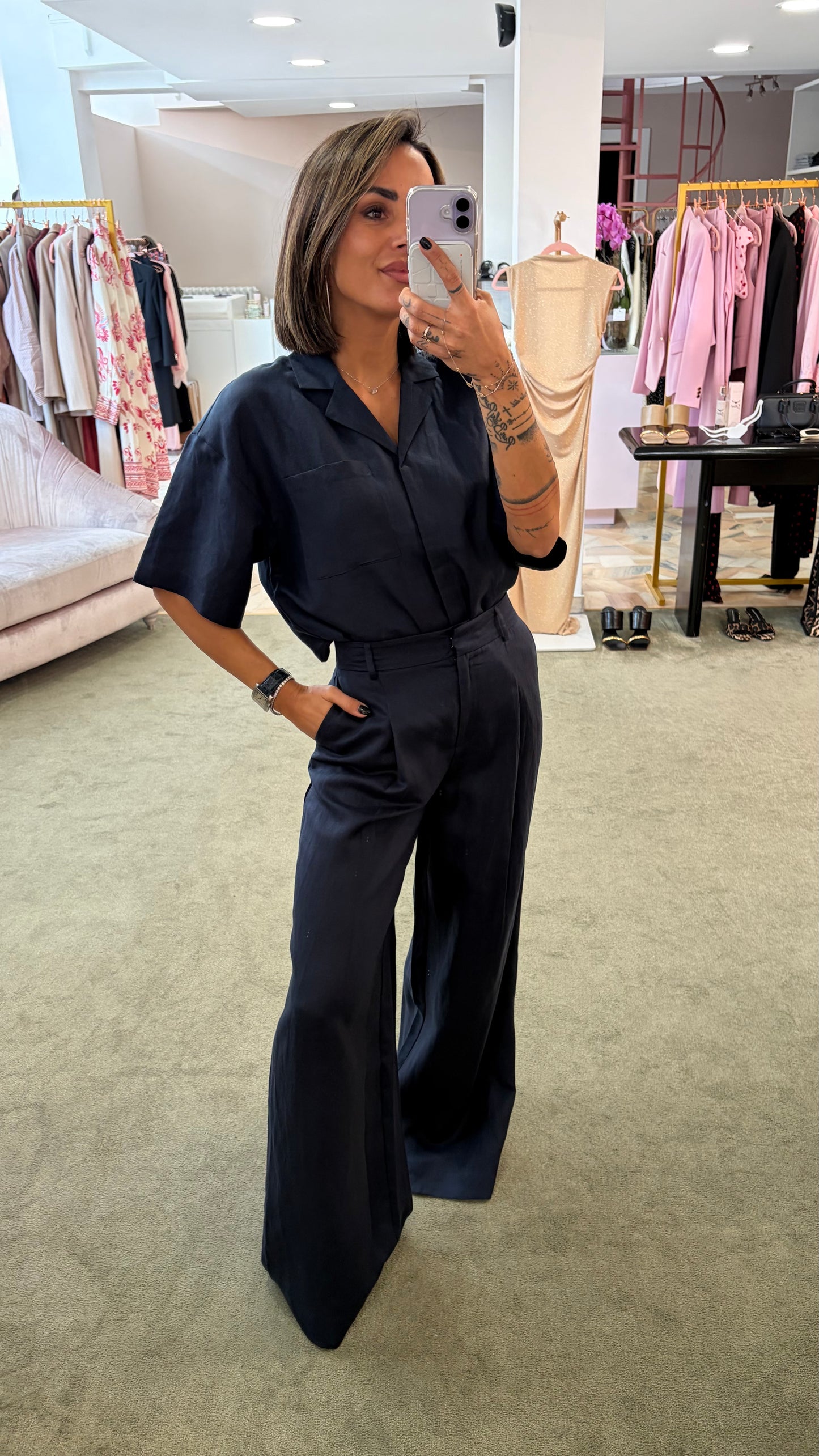 Pantaloni blu notte a palazzo con pences sl