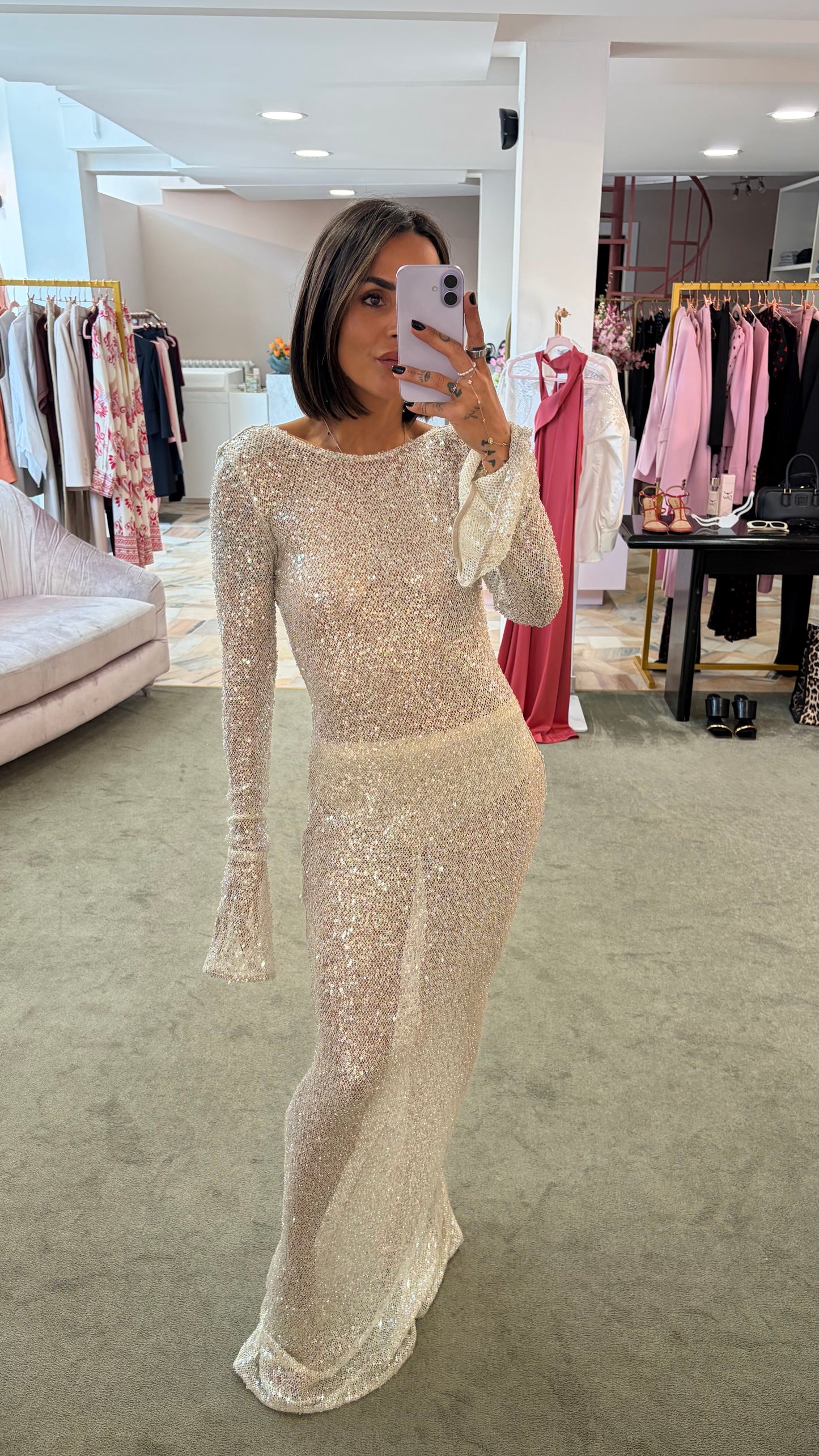 Abito manu40 lungo platino  paillettes tw