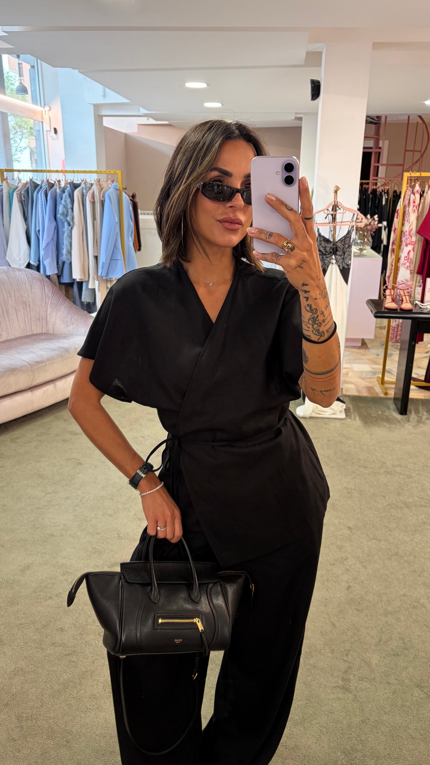Camicia kimono nera con cintura in lino Hinnominate