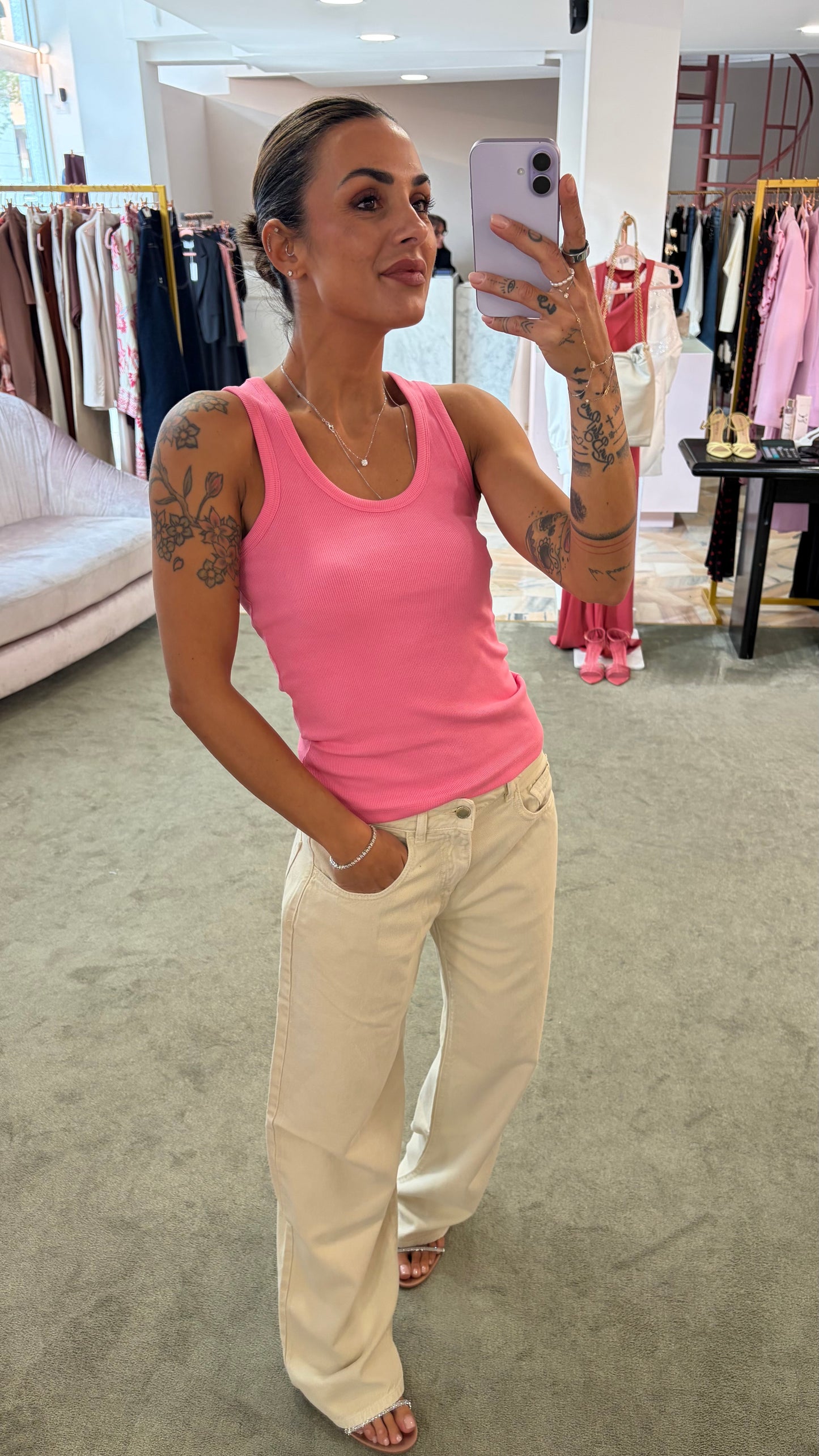 Canotta fucsia a costine scollo tondo jx