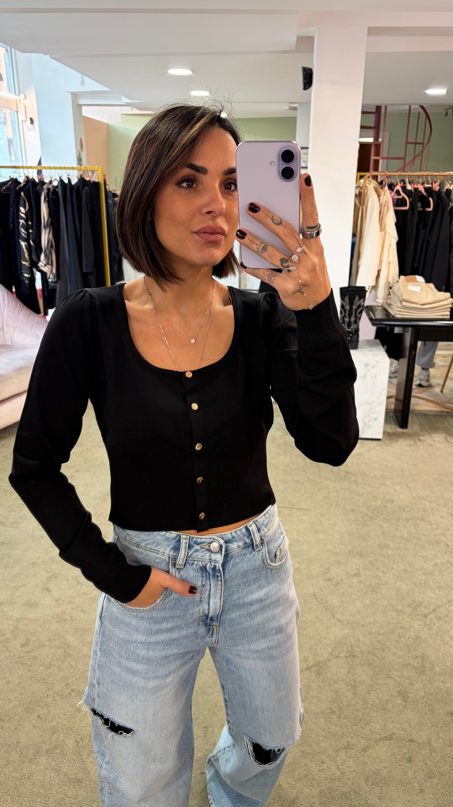 Cardigan mini nero scollo squadrato fr