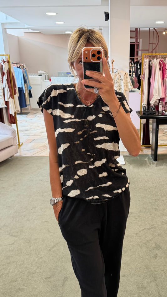 T-shirts nera e panna tie-dye scollo glitter sy