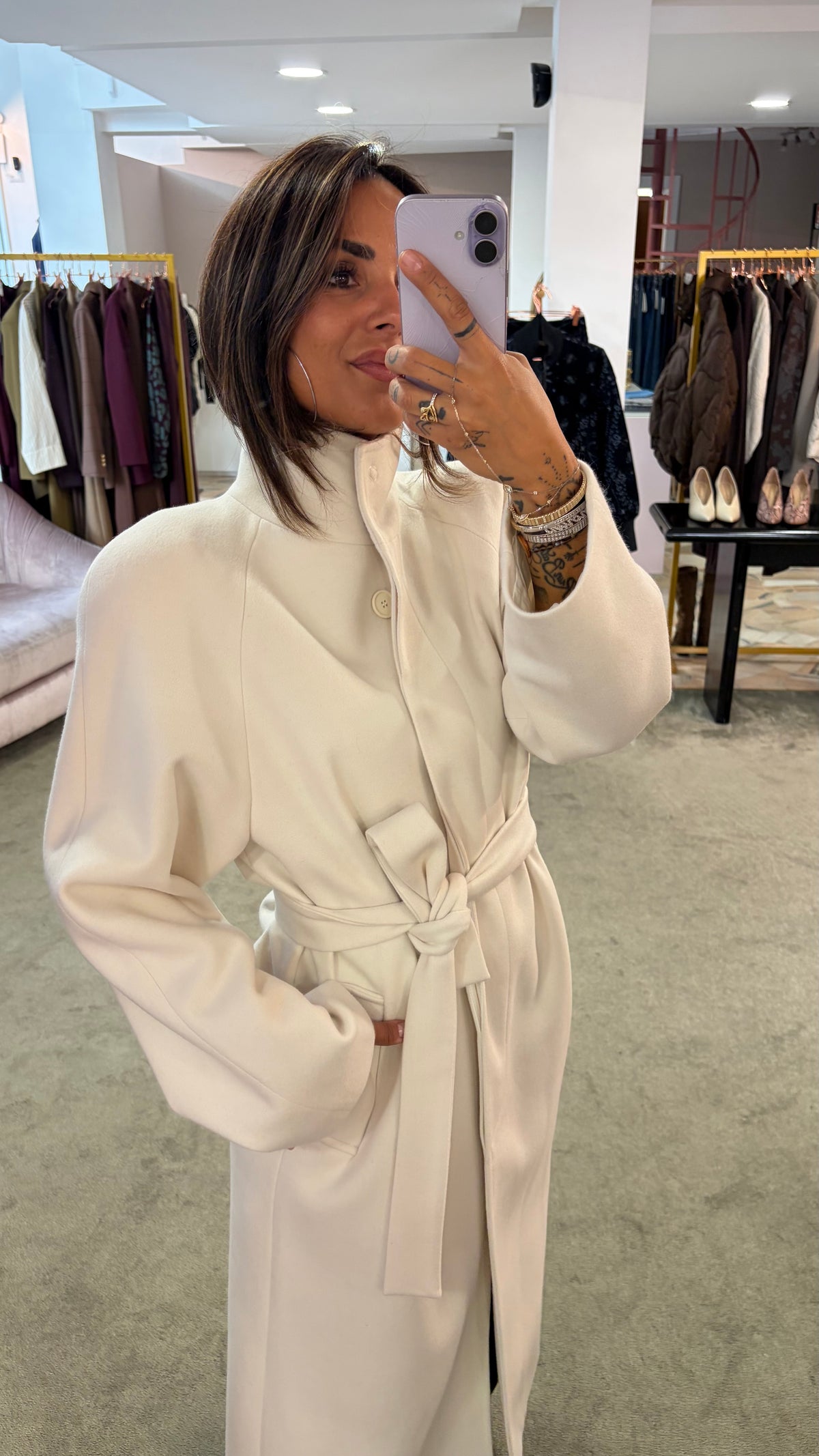 Cappotto lungo panna con cintura Actualee