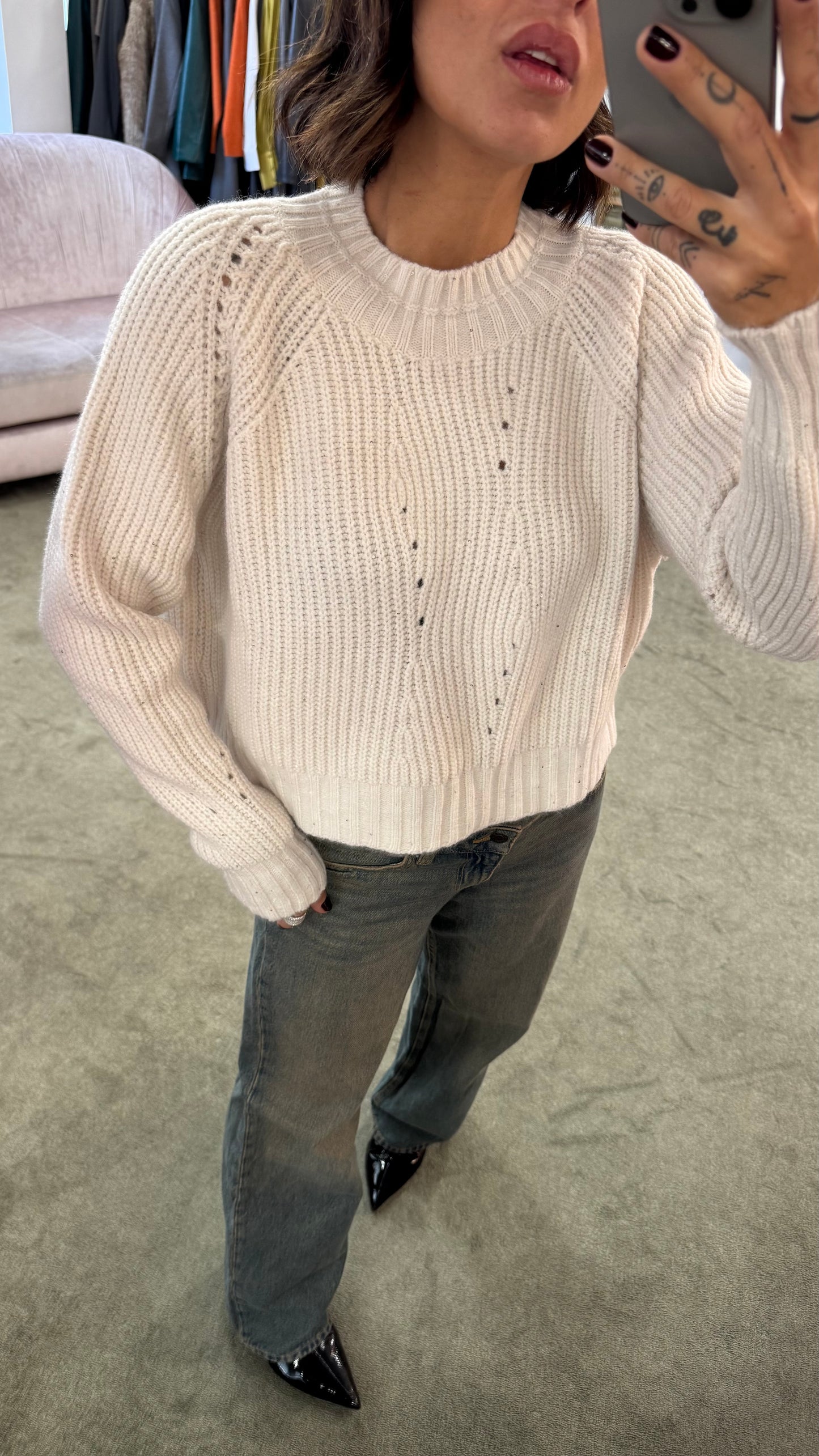 Maglione panna costine con micropaillettes lh